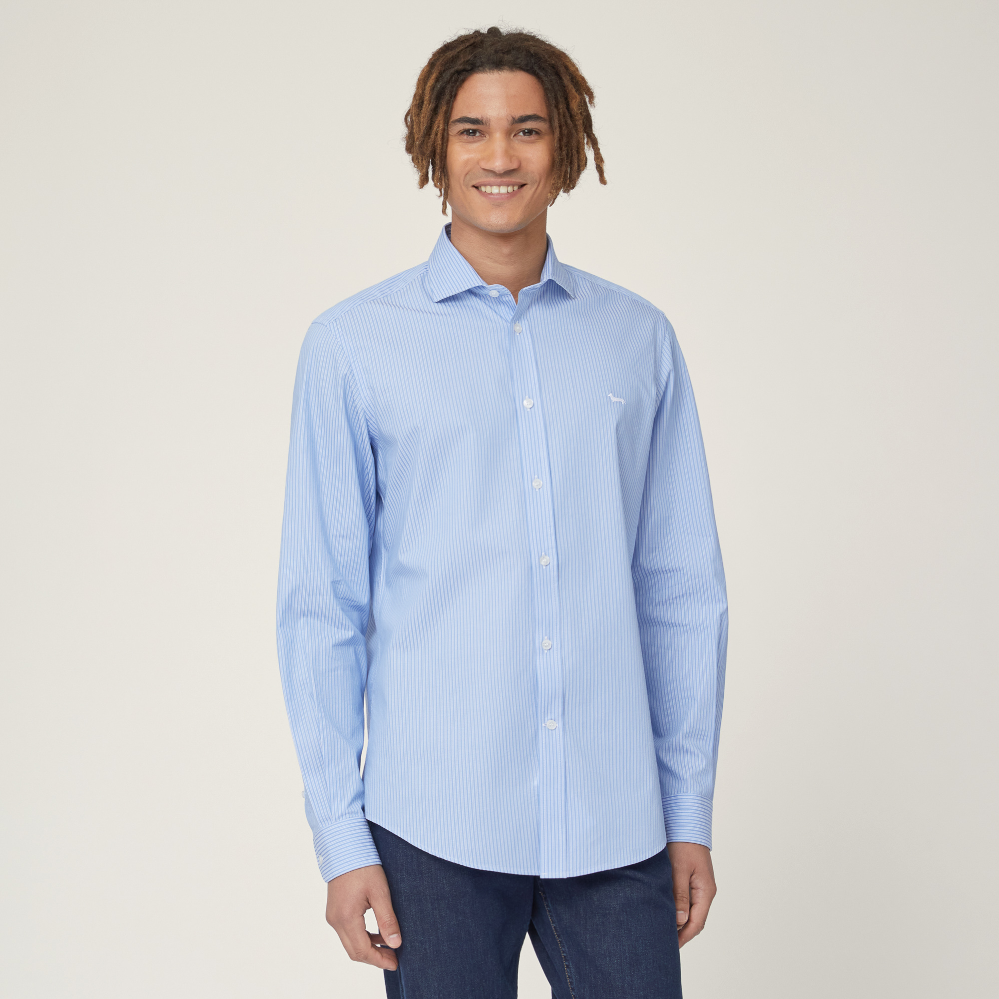 Striped Pure Cotton Shirt, Blu, large image number 0