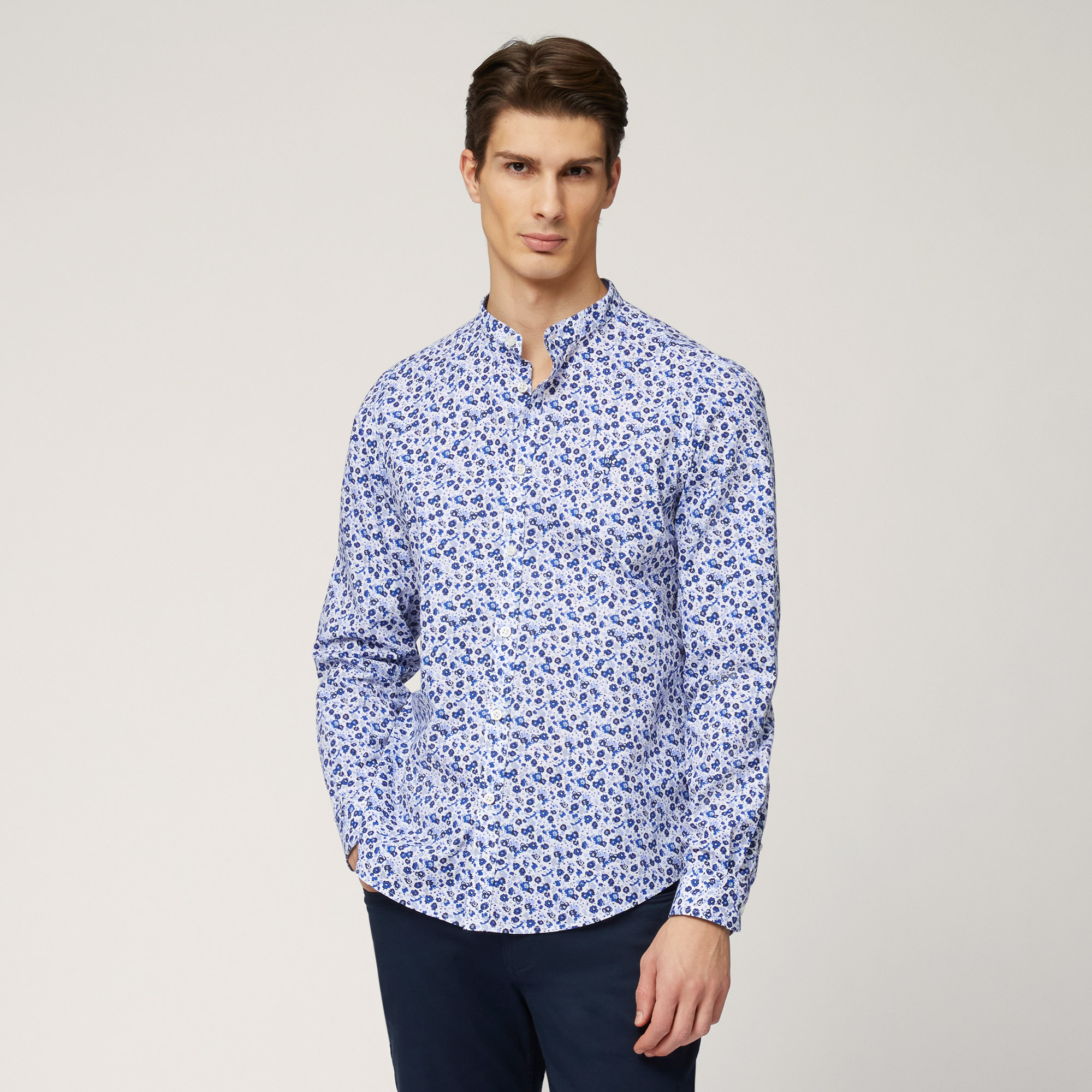 Mandarin-Collar Shirt with Flowers