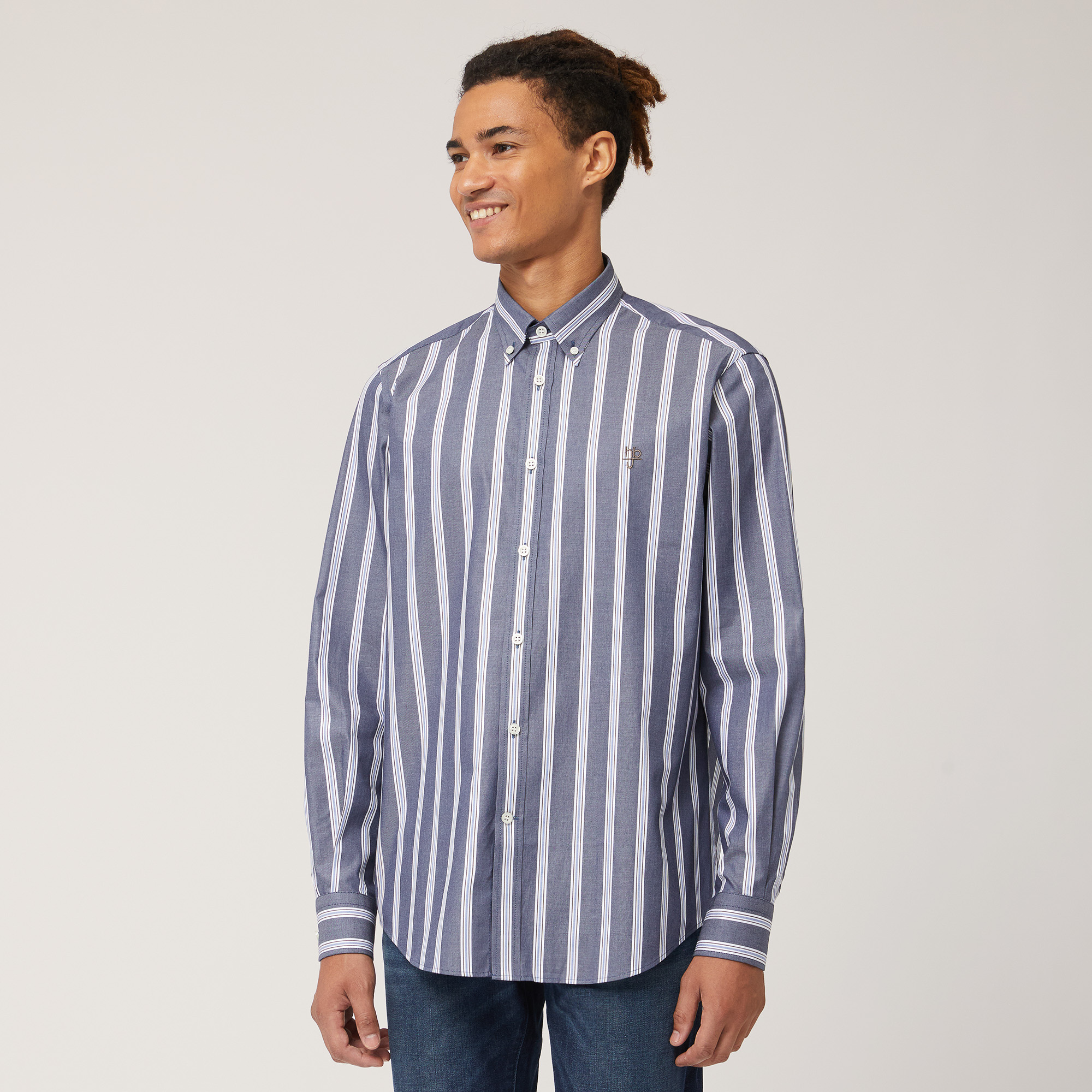 Camicia Multirighe In Cotone, Blu, large image number 0