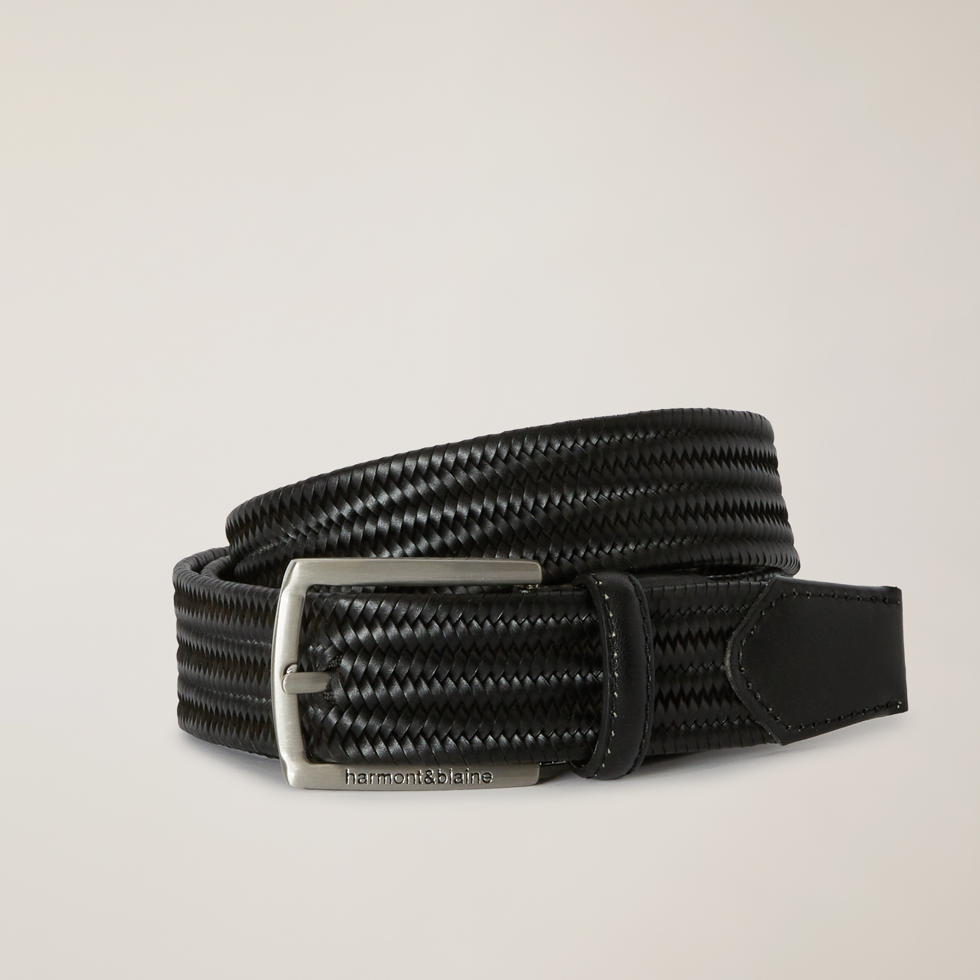 Woven Leather Belt, Black, large