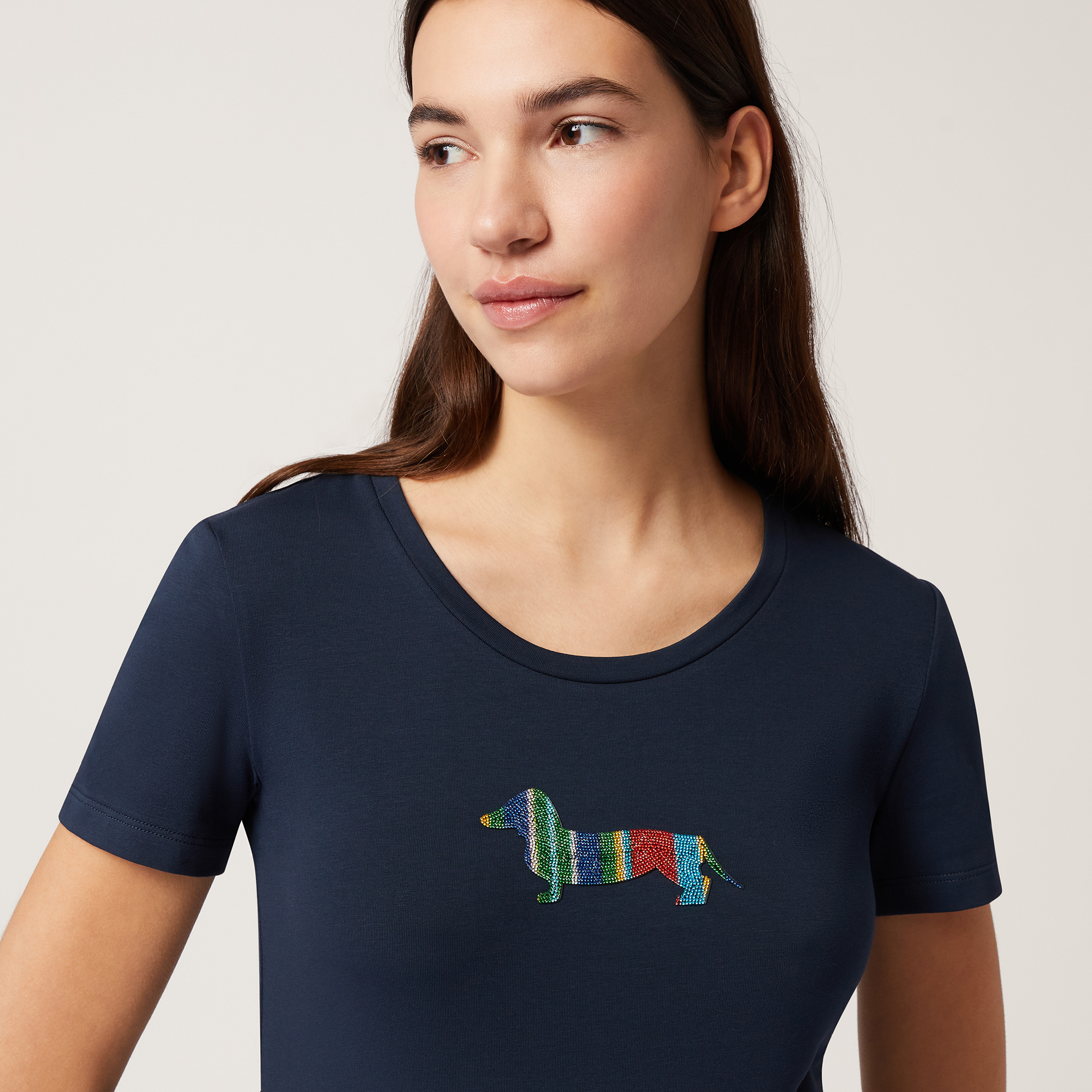 T-Shirt with Decorated Dachshund, Navy Blue, large image number 2