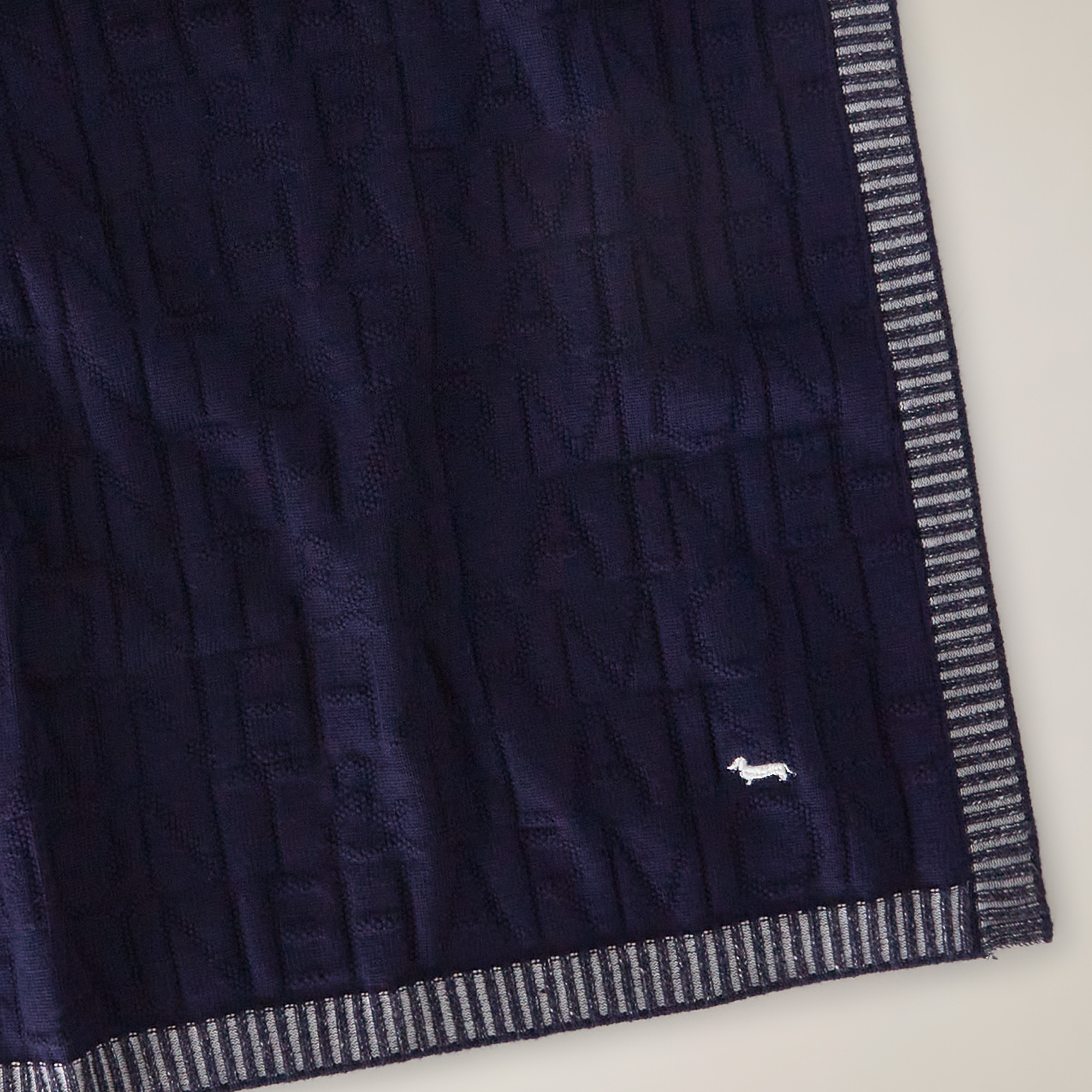 Yarn Blanket With Inlay Logo And Striped Border, Navy Blue, large image number 1