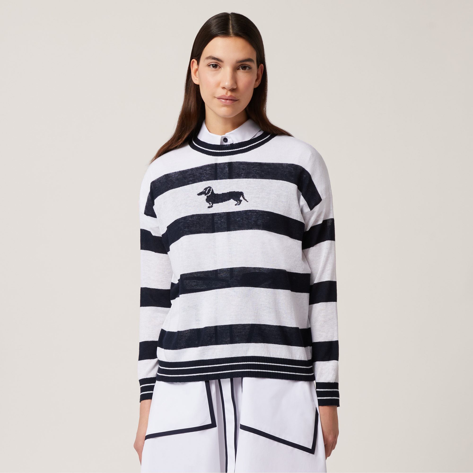 Striped Jacquard Sweater, Navy Blue, large