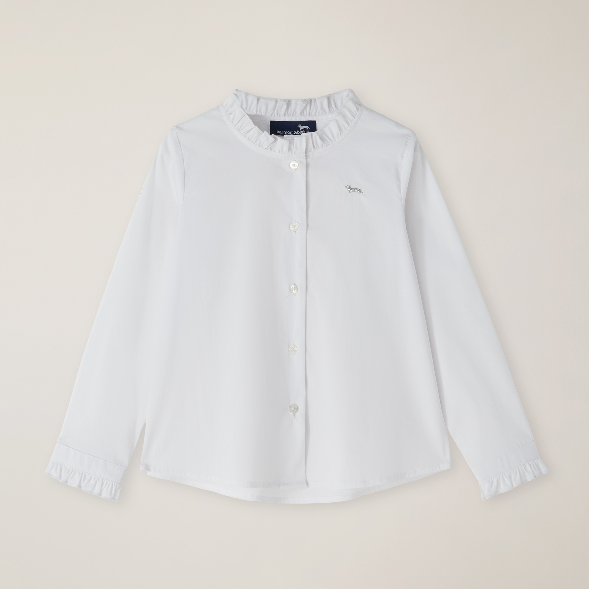 Stretch-Cotton Shirt With Ruffles And Logo, White, large image number 0