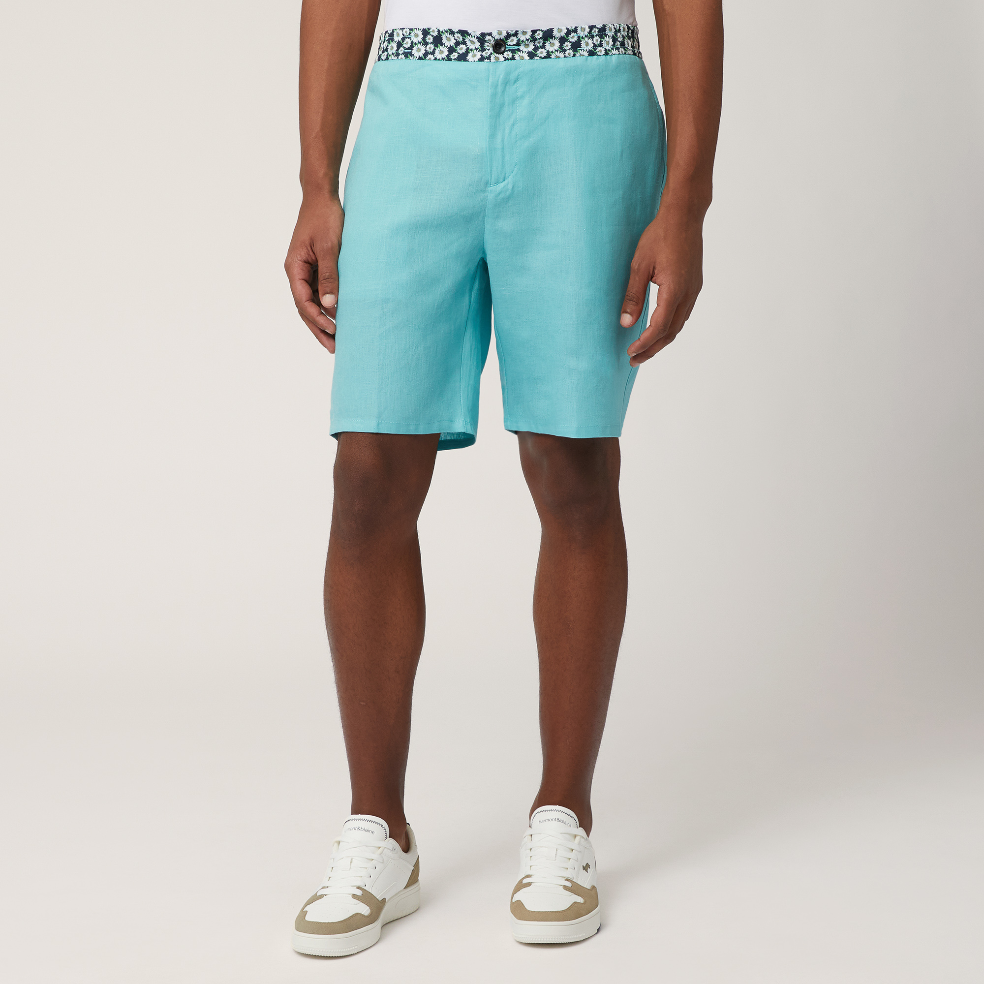 Linen Bermuda Shorts with Daisies, Turquoise, large image number 0