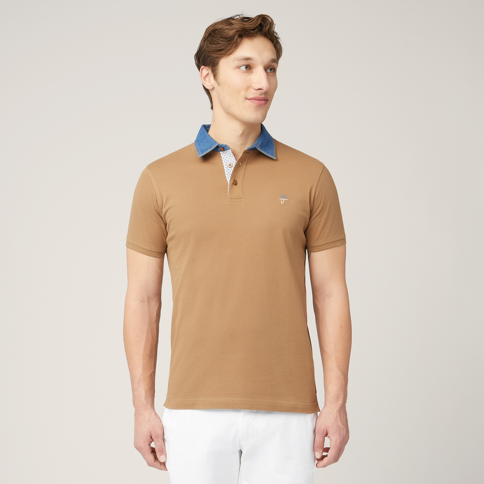 Polo-Shirt with Denim Collar, Light Brown, large image number 0