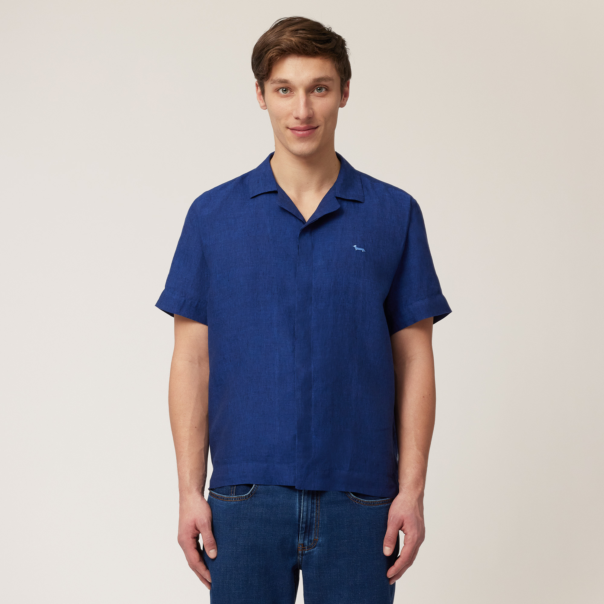 Linen Bowling Shirt, Midnight Blue, large