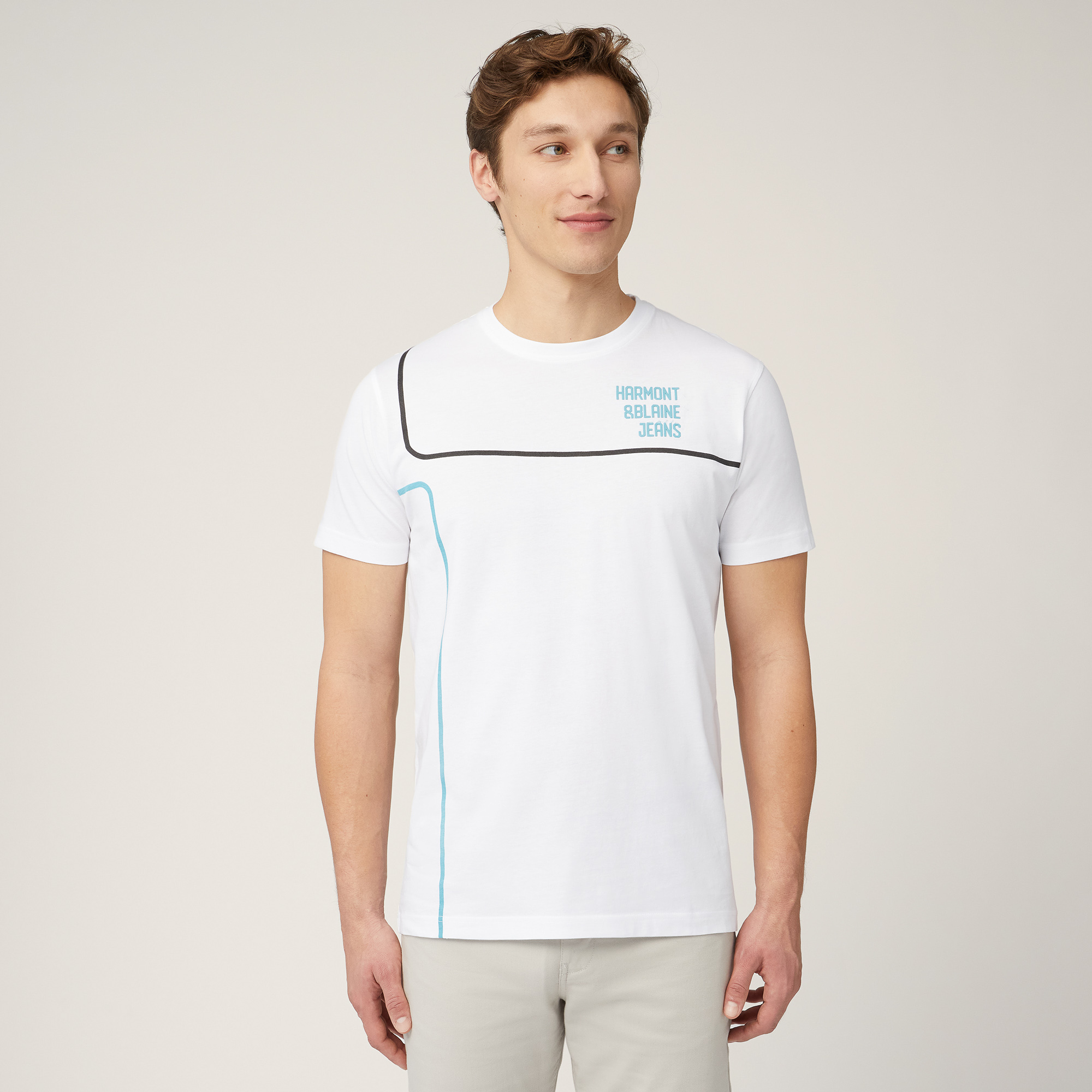 T-Shirt with Logo and Lines, White, large image number 0