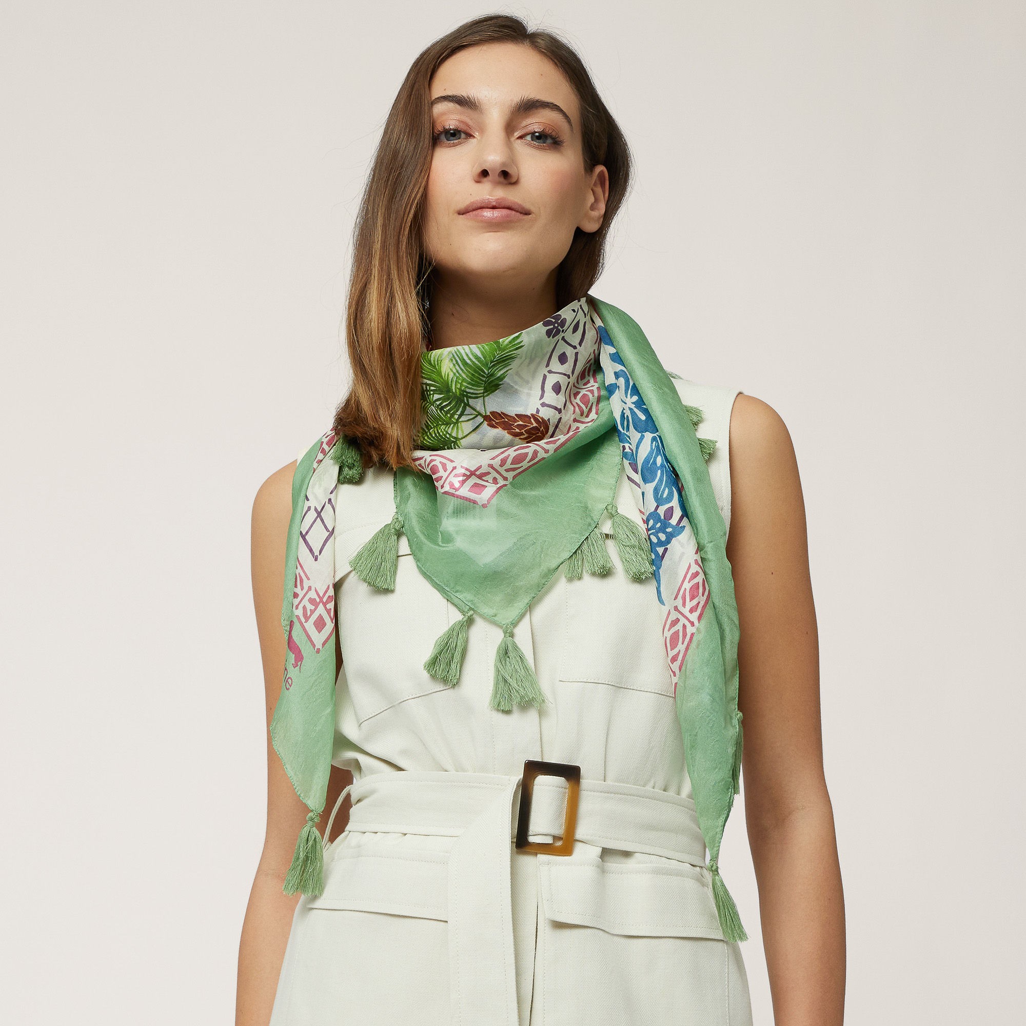 Silk Scarf with Palm Print, Light Green, large image number 2