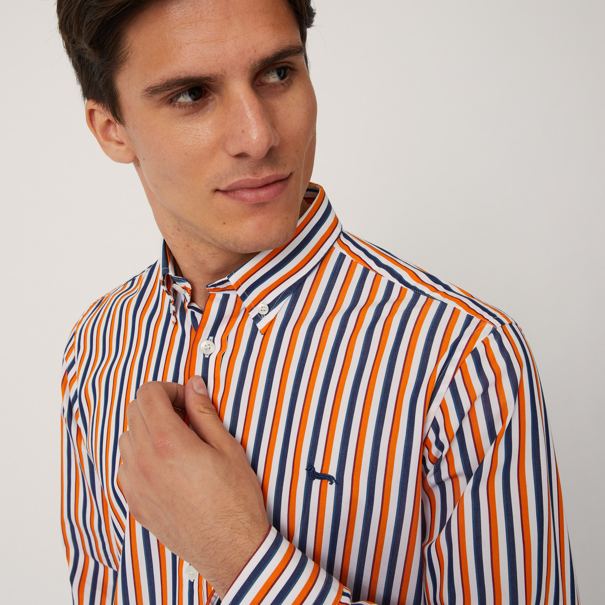 Camicia In Cotone A Righe, Arancio/Blu, large image number 2