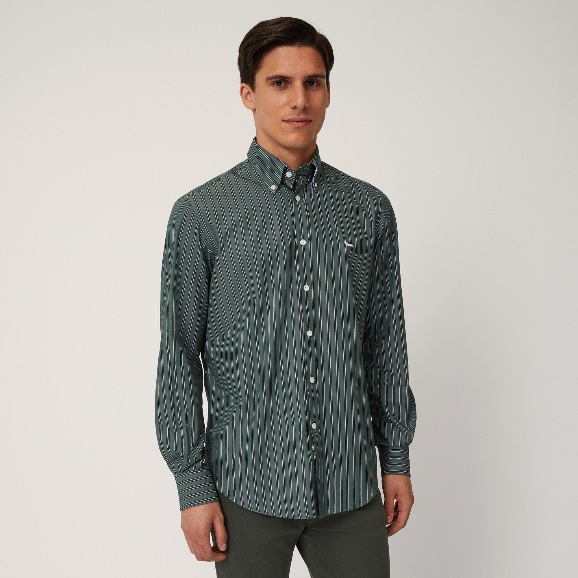 Camicia A Righe In Puro Cotone, Verde, large image number 0