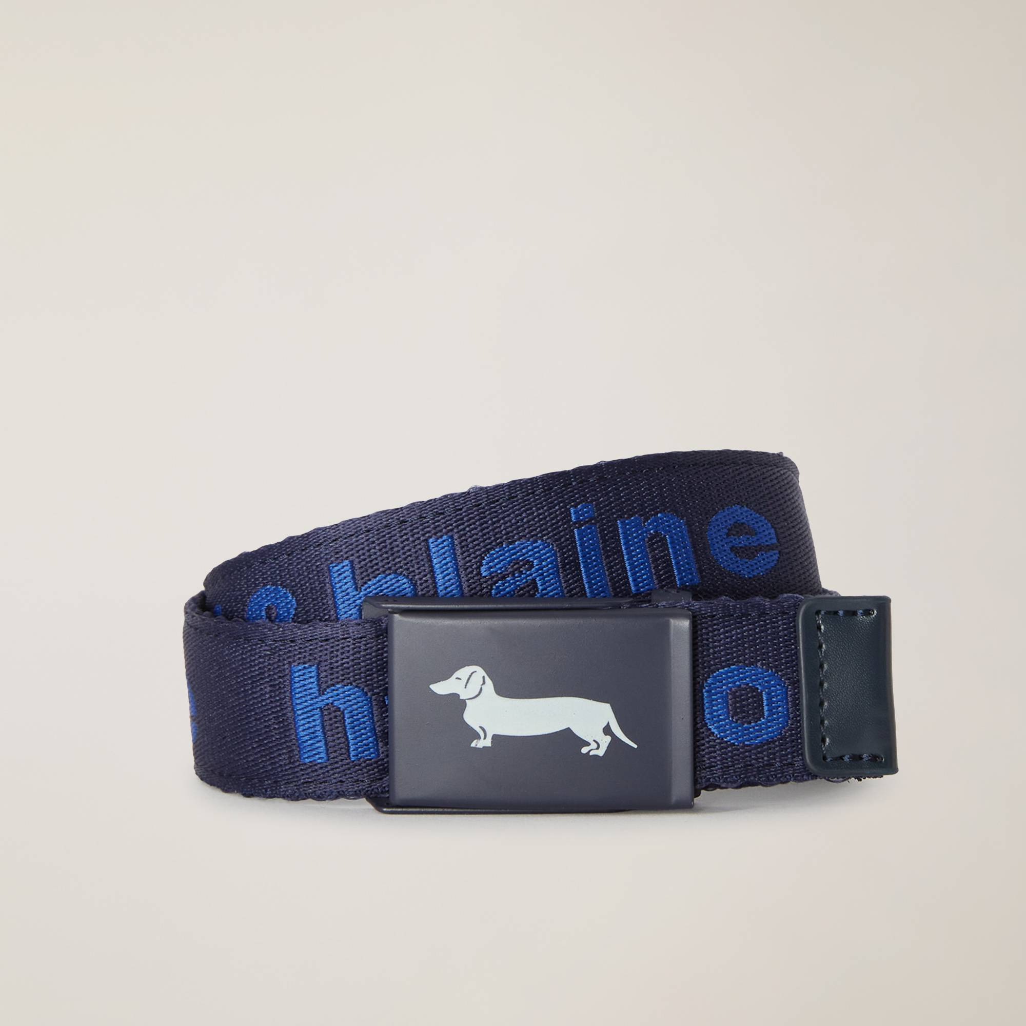 Unisex Ribbon Belt With Jacquard Logo, Navy Blue, large image number 1