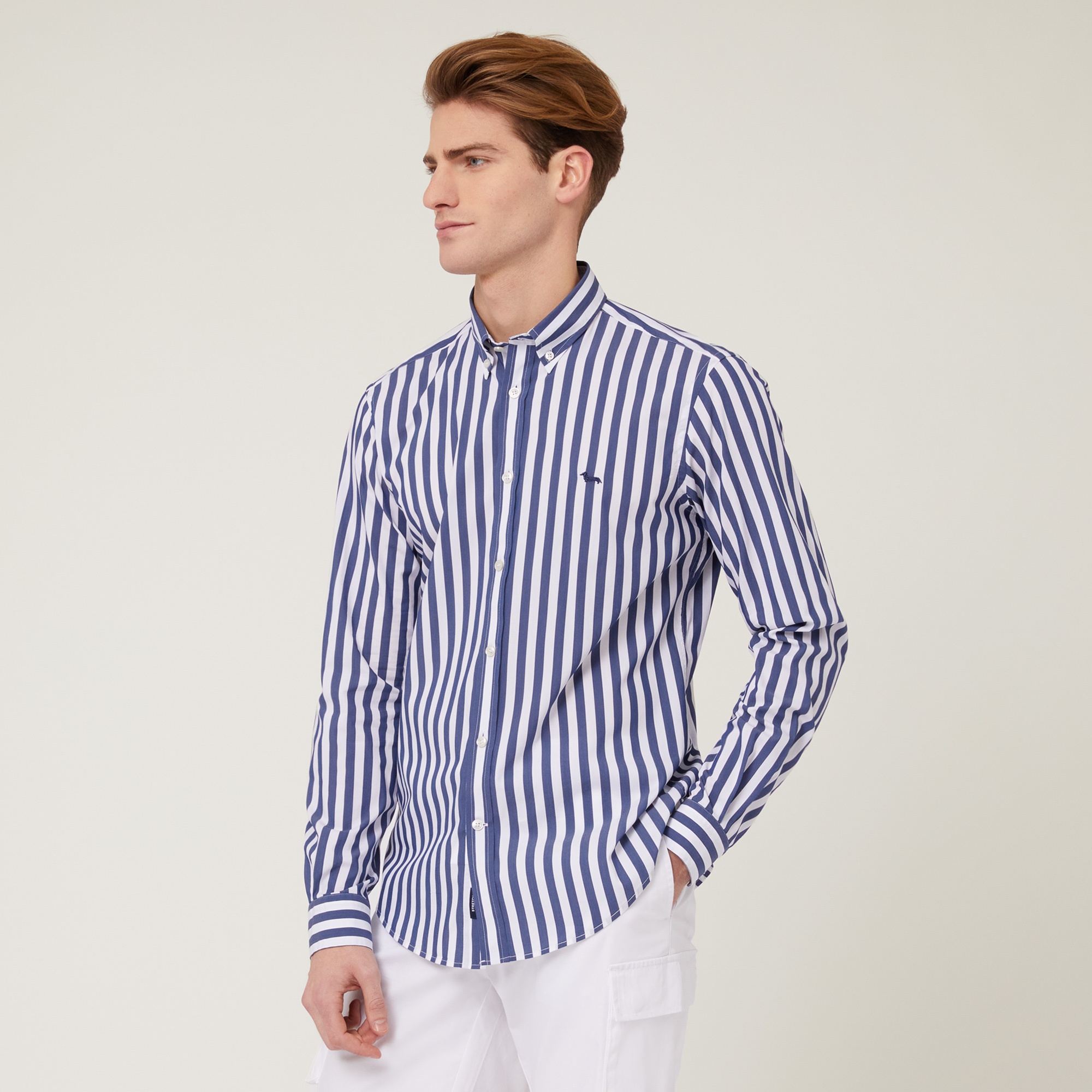 Striped Stretch Cotton Shirt, Blue, large