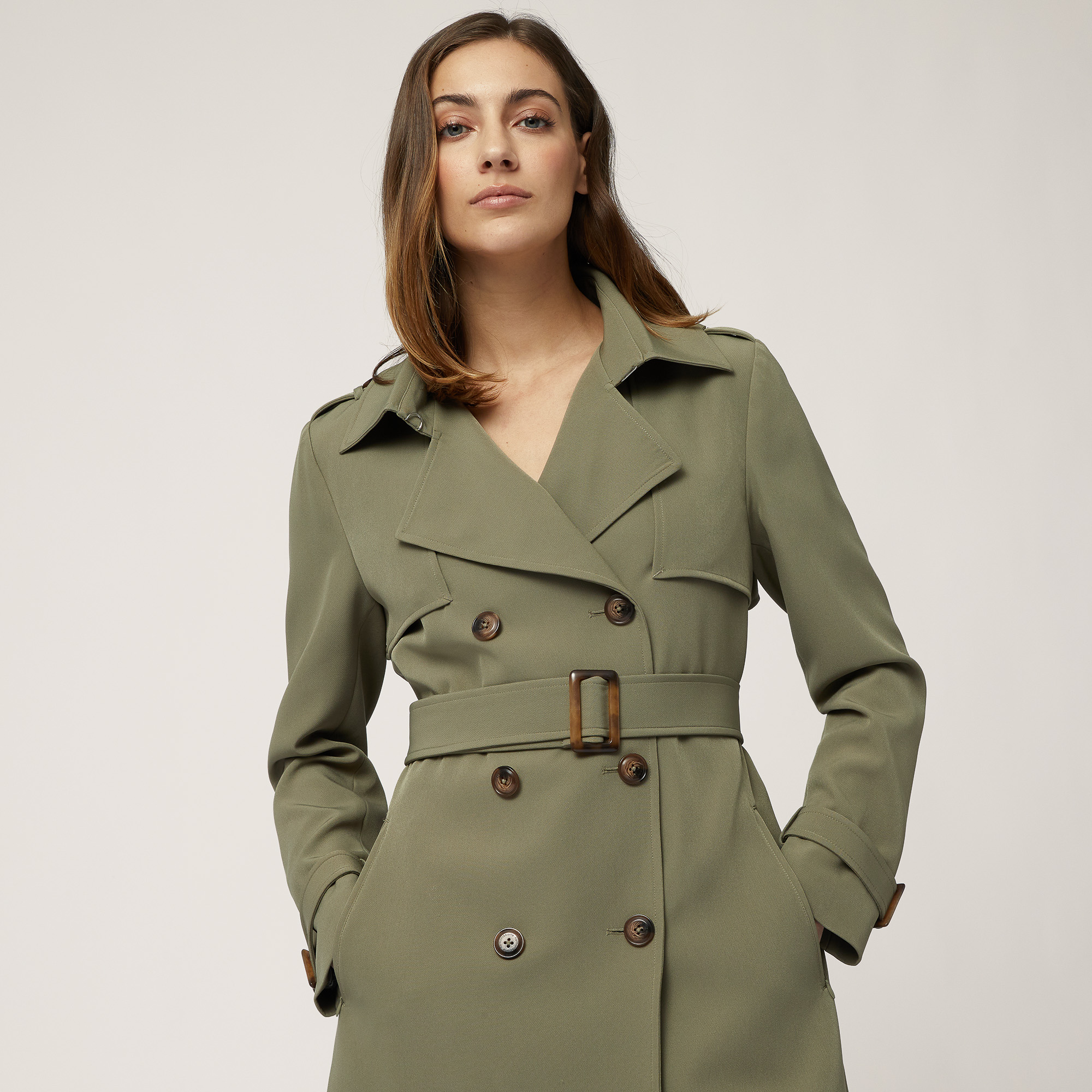 Double-Breasted Trench Coat with Belt, Military Green, large image number 2