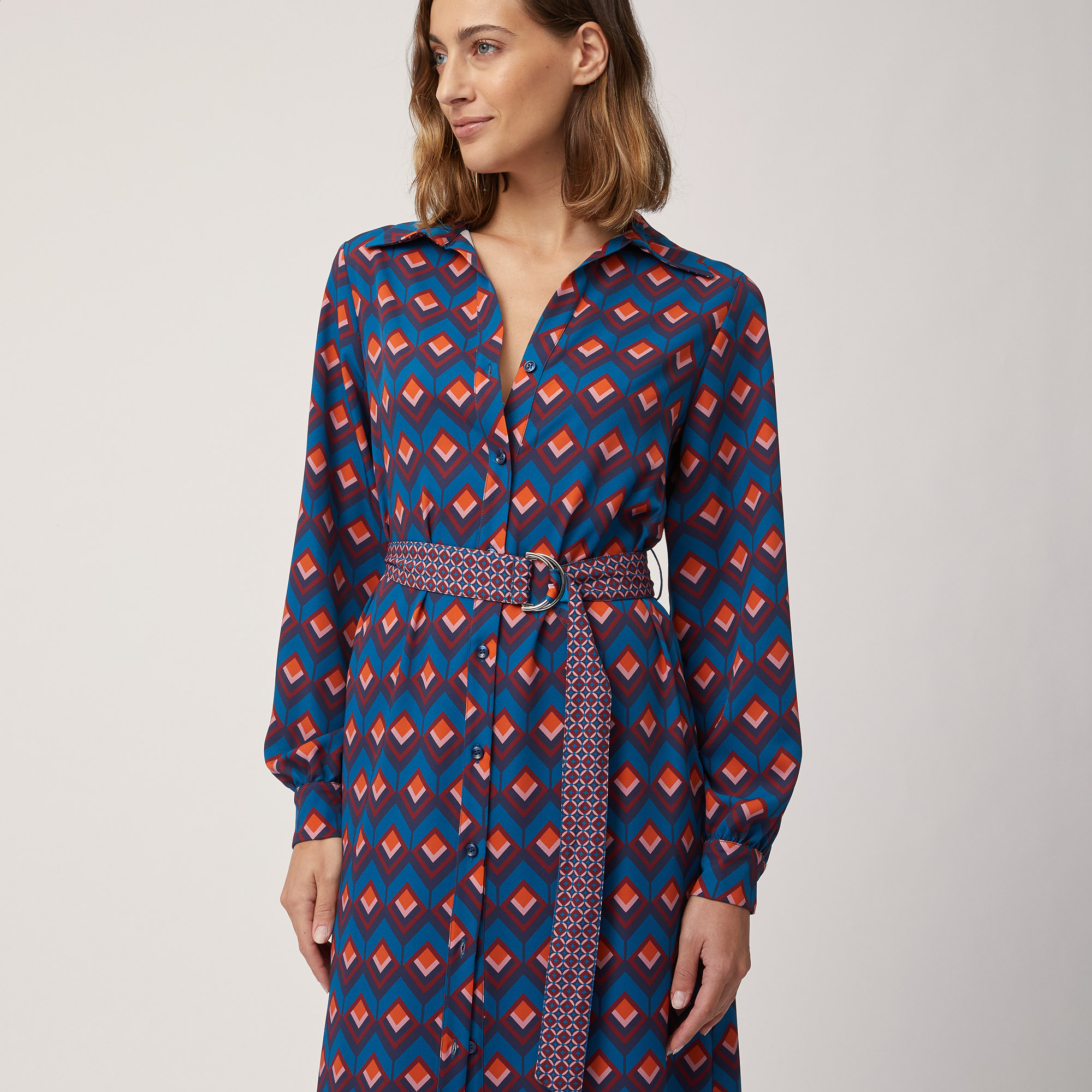 Geometric Pattern Shirt Dress, Blue, large image number 2