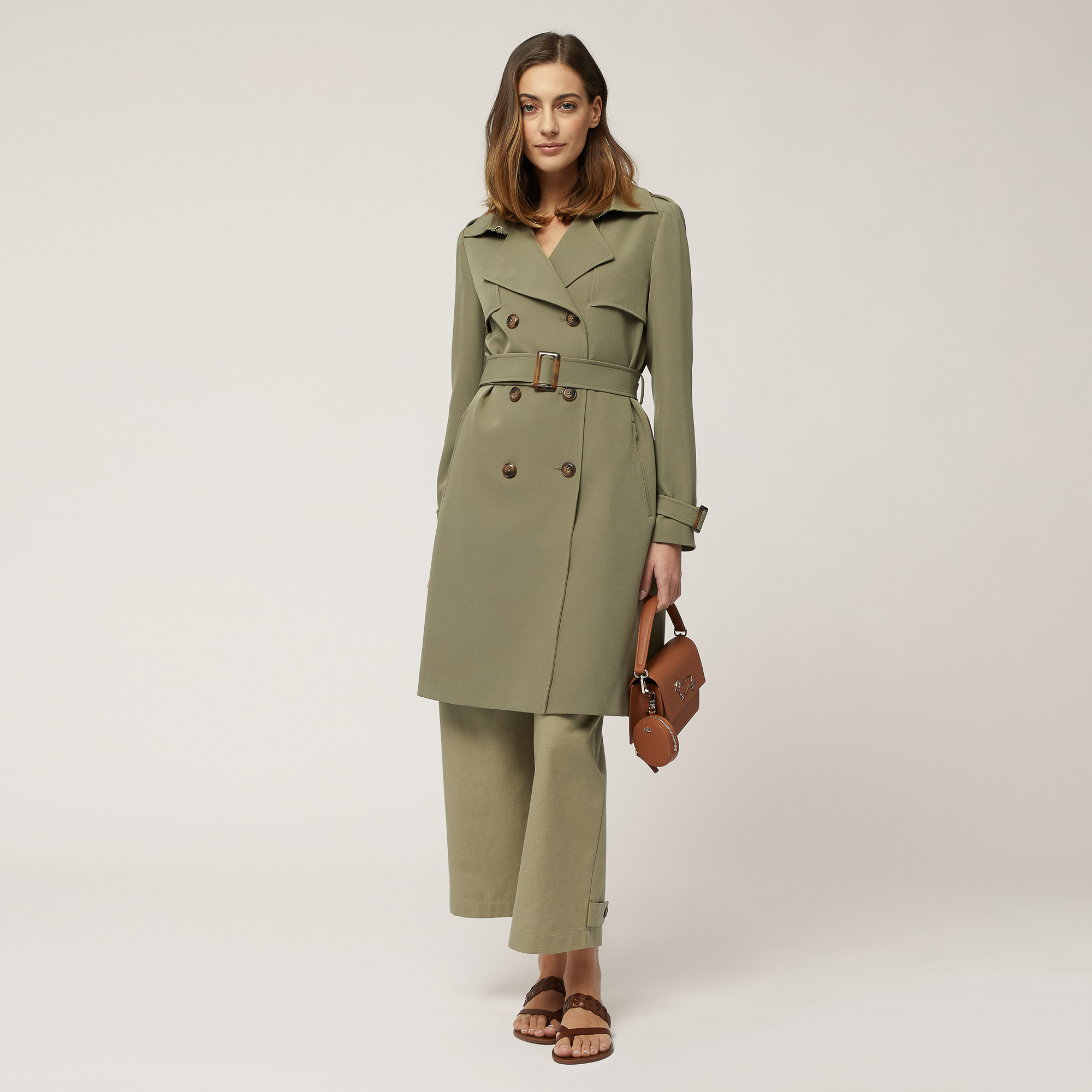 Double-Breasted Trench Coat with Belt, Military Green, large image number 3