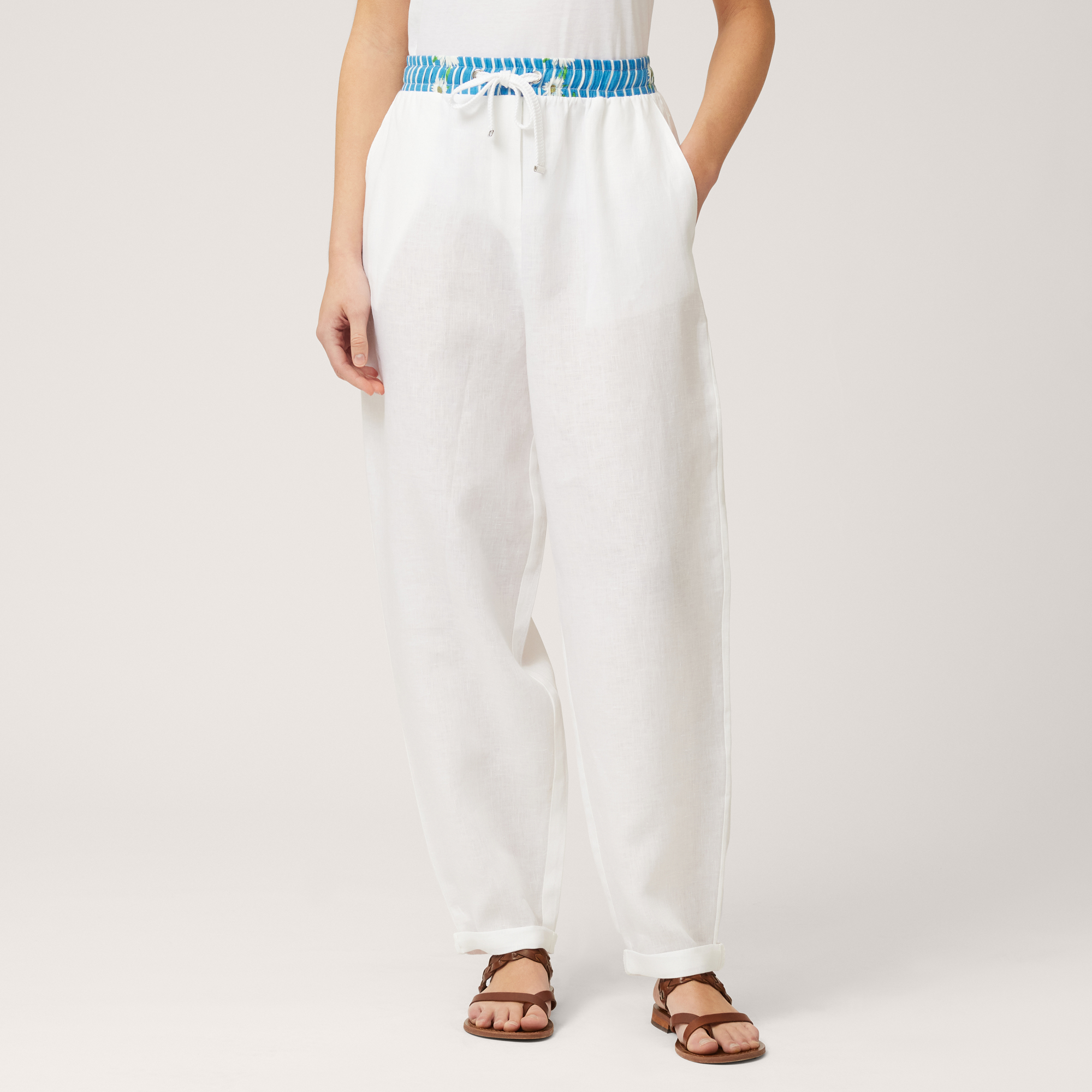 Pants with Printed Waist, White, large