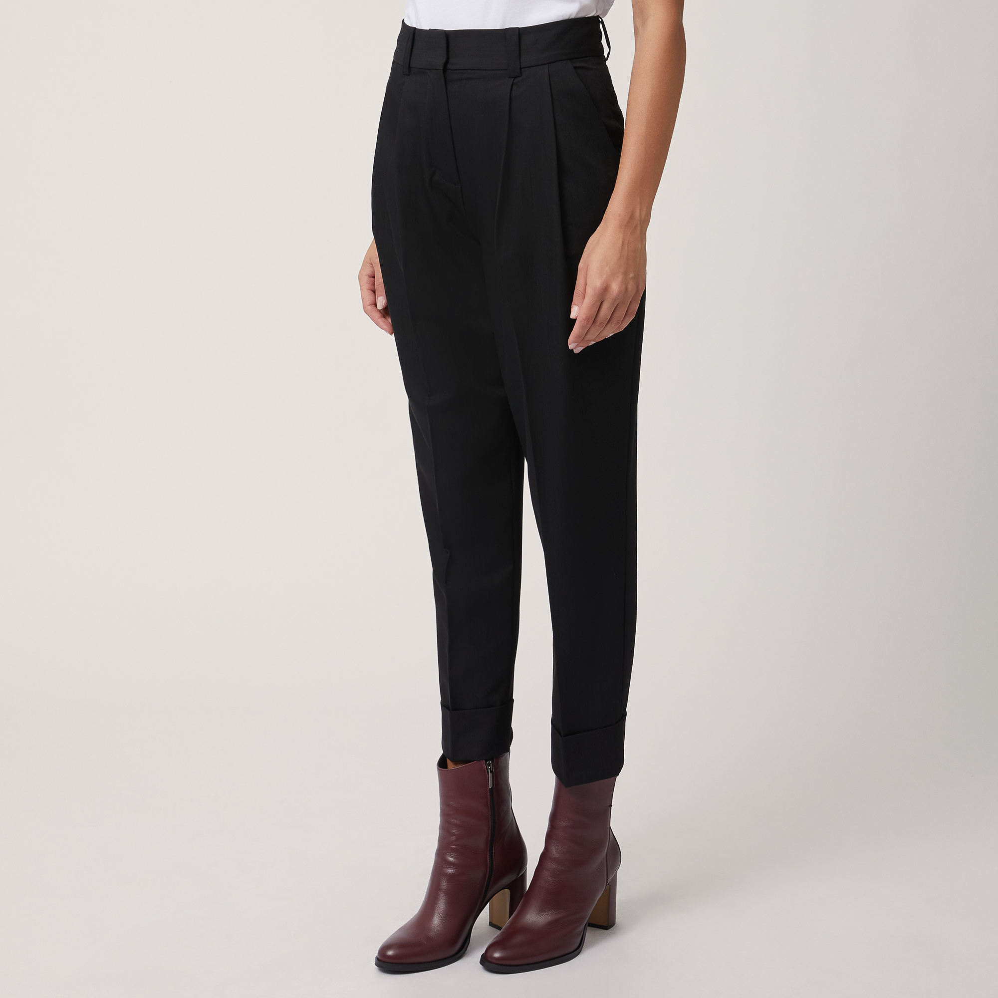 Pants with Pleat and Turn-up, Black , large image number 0