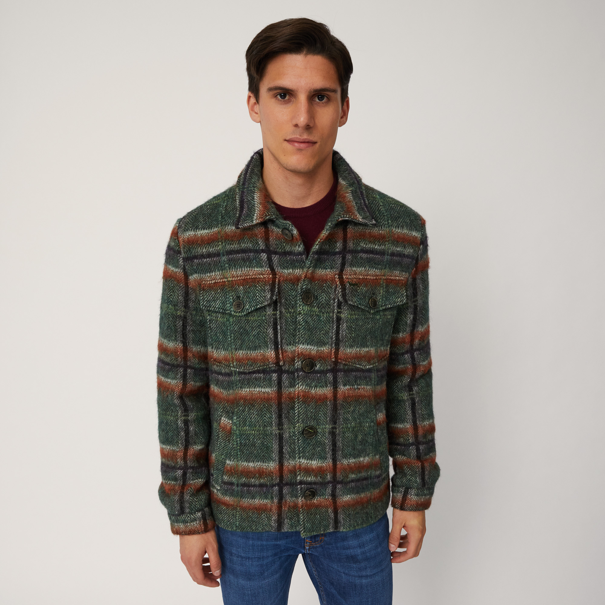 Check Wool-Blend Overshirt, Verde, large image number 0