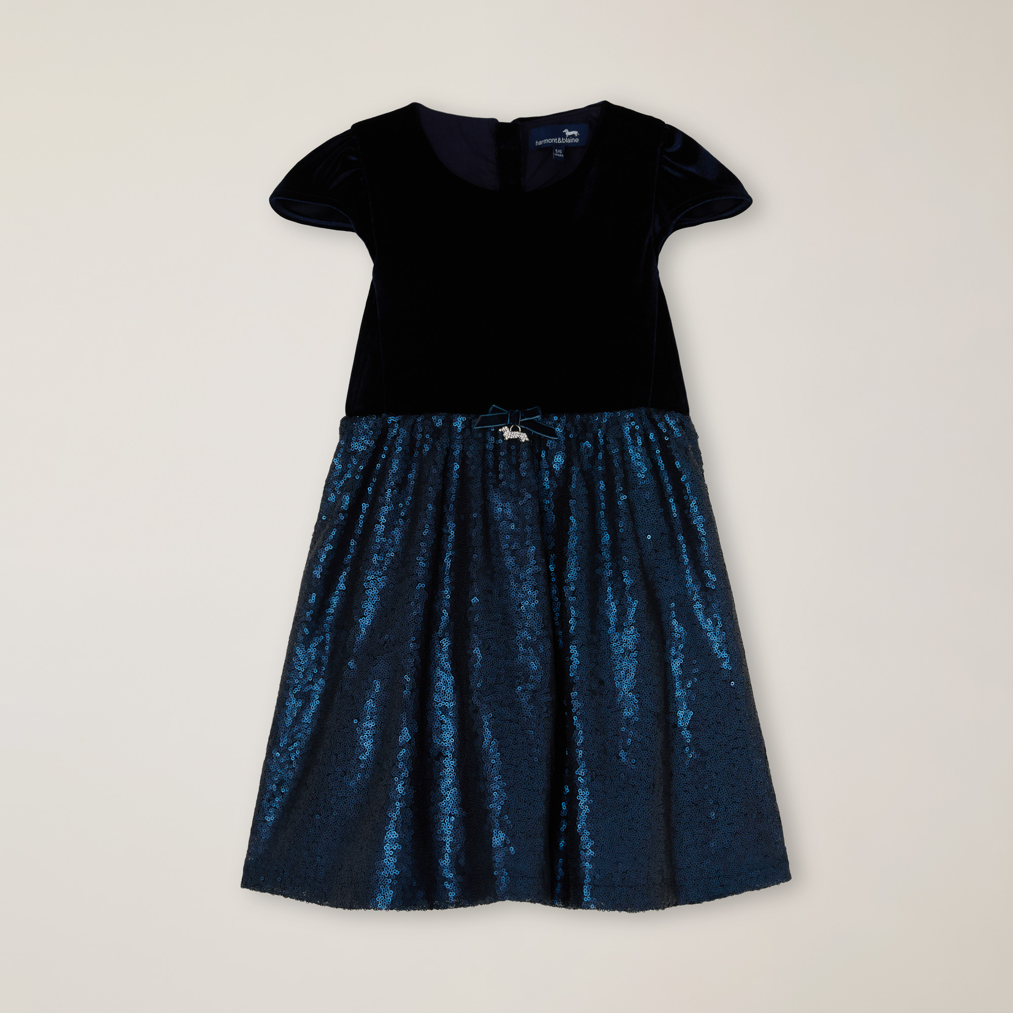 Velvet Dress With Sequins And Jewel Logo, Navy Blue, large image number 0