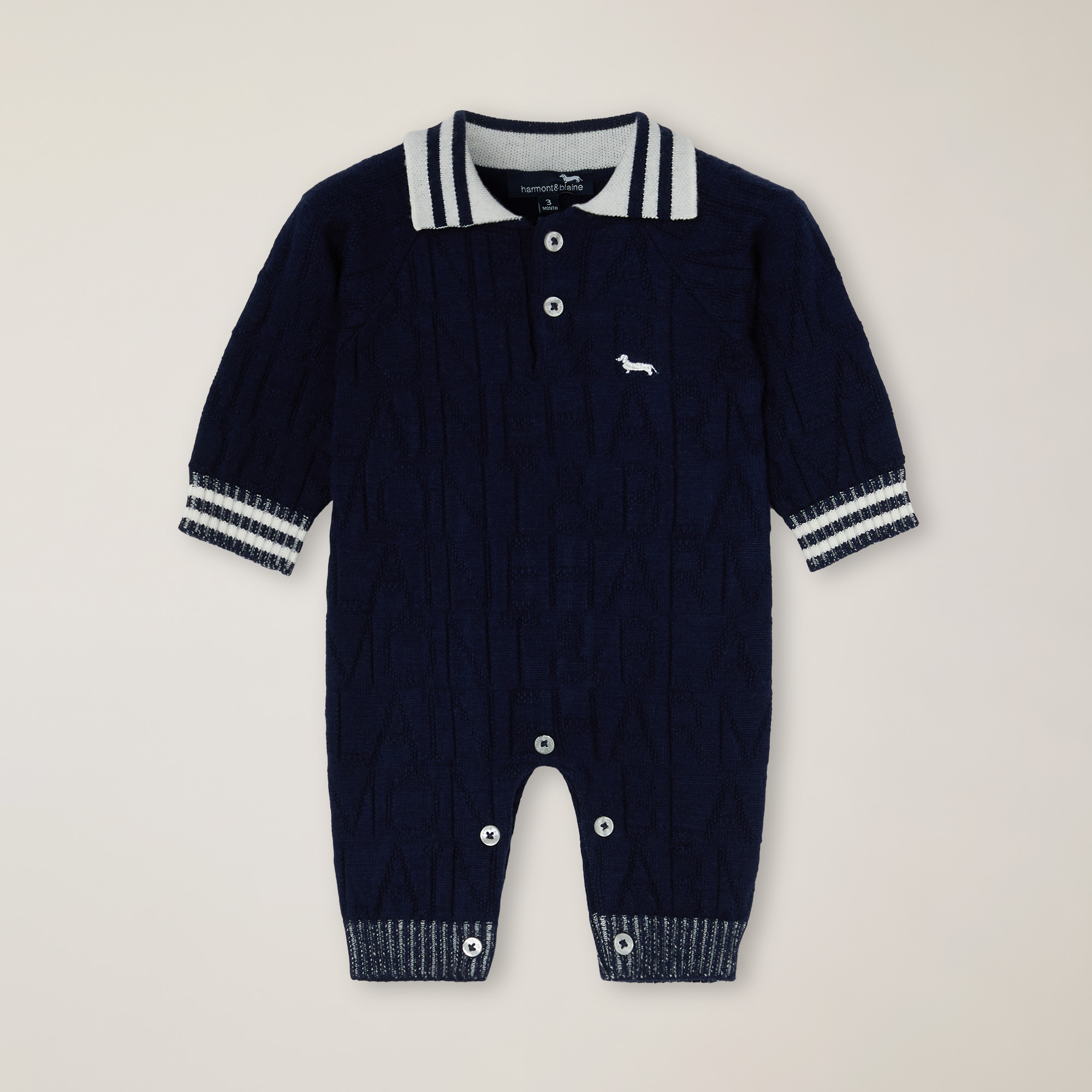 Yarn Romper With Inlay Logo And Polo Collar, Navy Blue, large image number 0