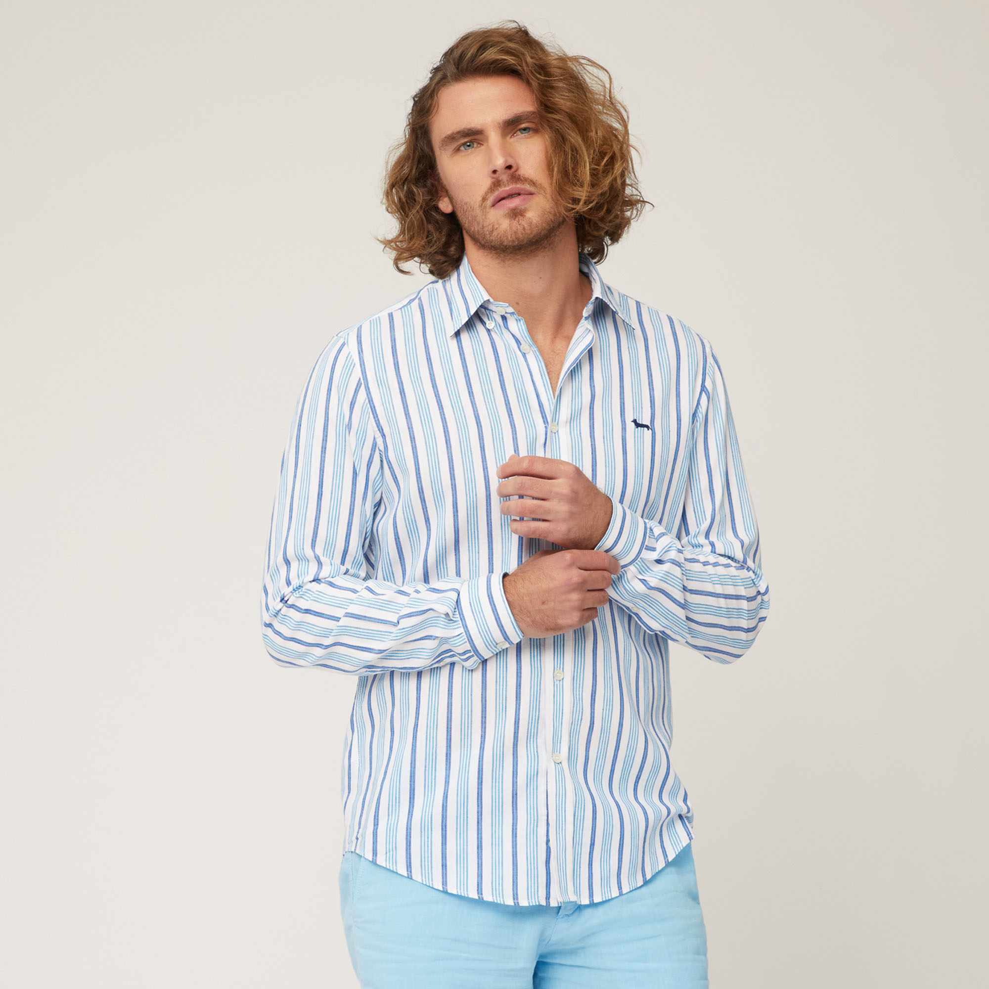 Cotton and Linen Twill Shirt with Mix of Stripes