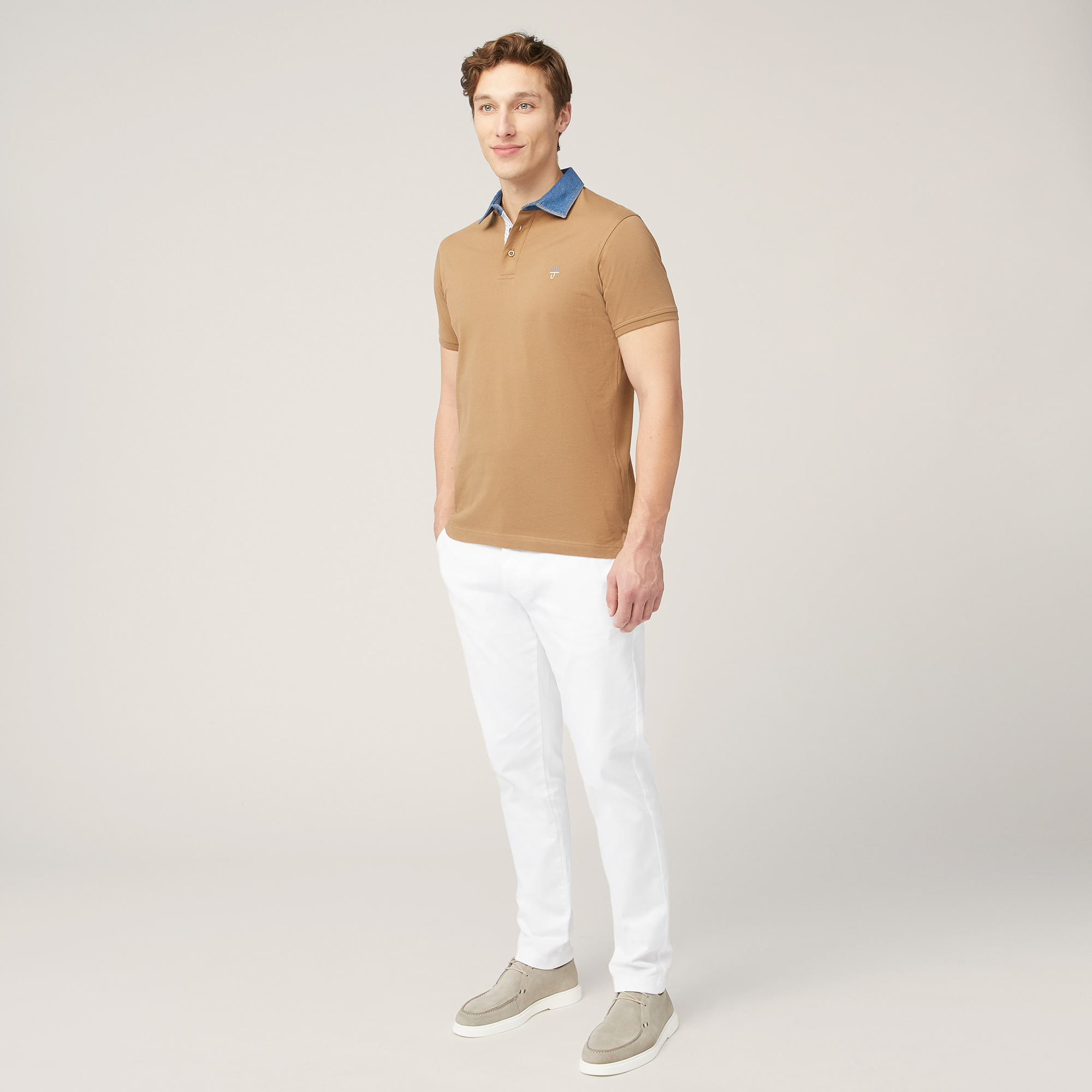 Polo-Shirt with Denim Collar, Light Brown, large image number 3