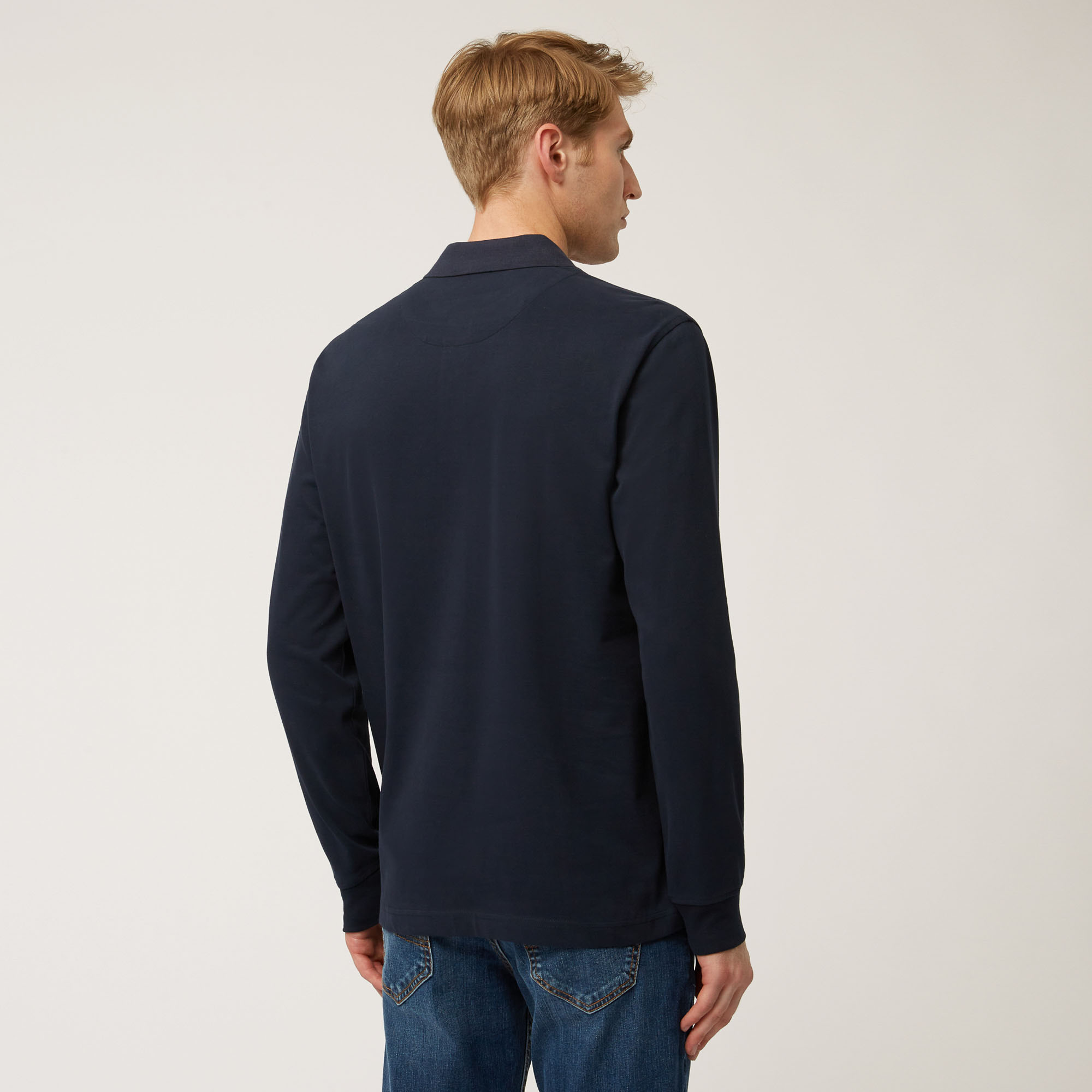 Long-Sleeved Cotton Polo Shirt With Contrasting Detail, Blue, large image number 1