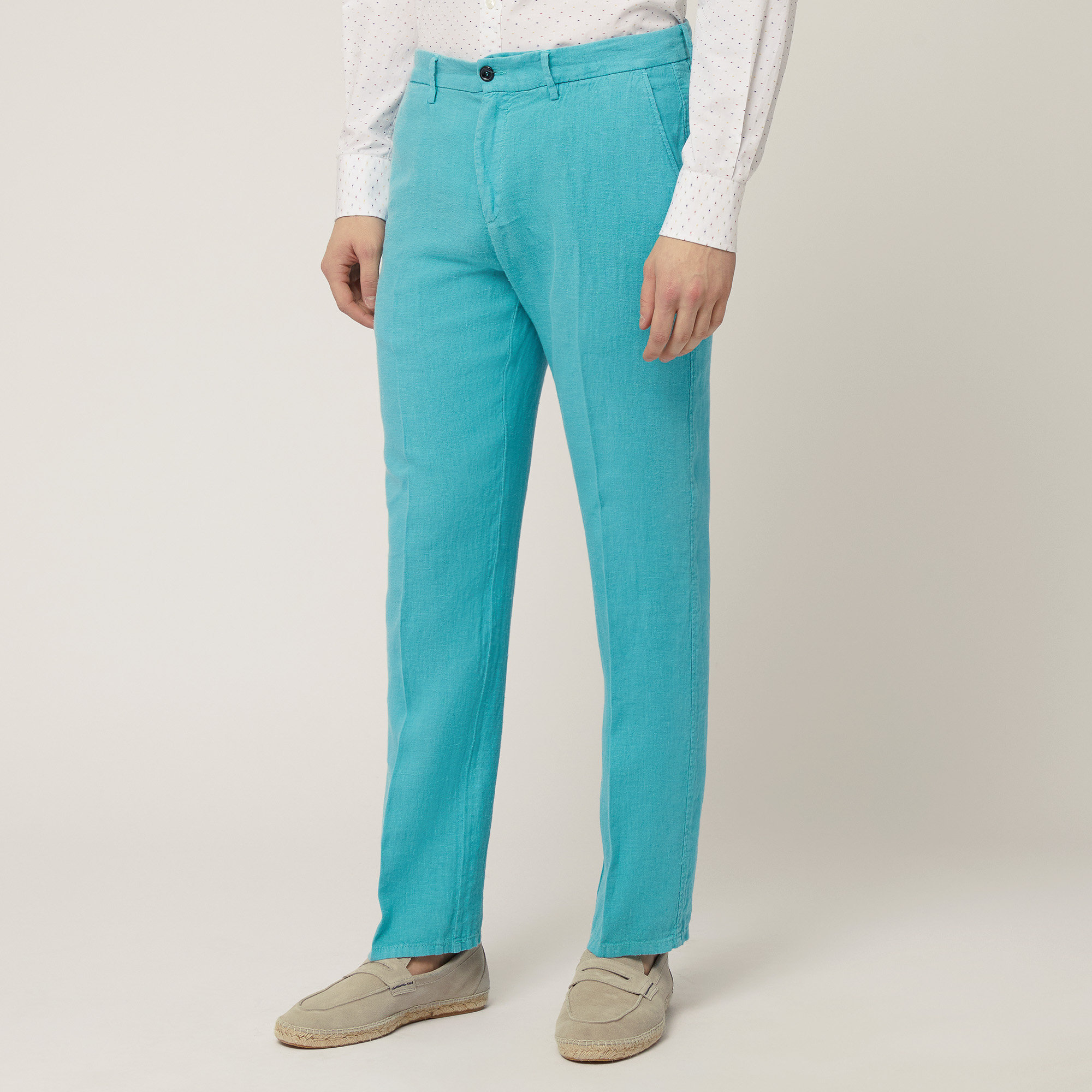 Pantaloni Chino In Lino, Verde Acqua, large