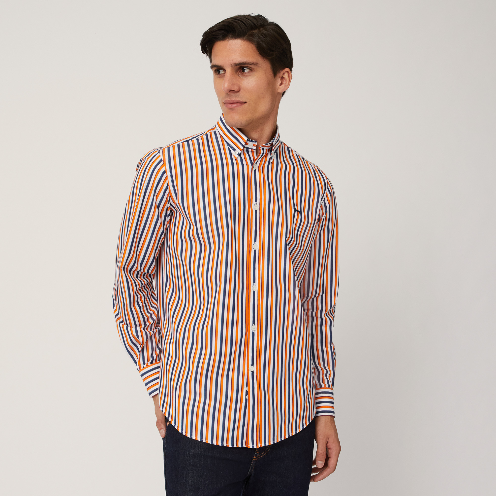 Camicia In Cotone A Righe, Arancio/Blu, large image number 0