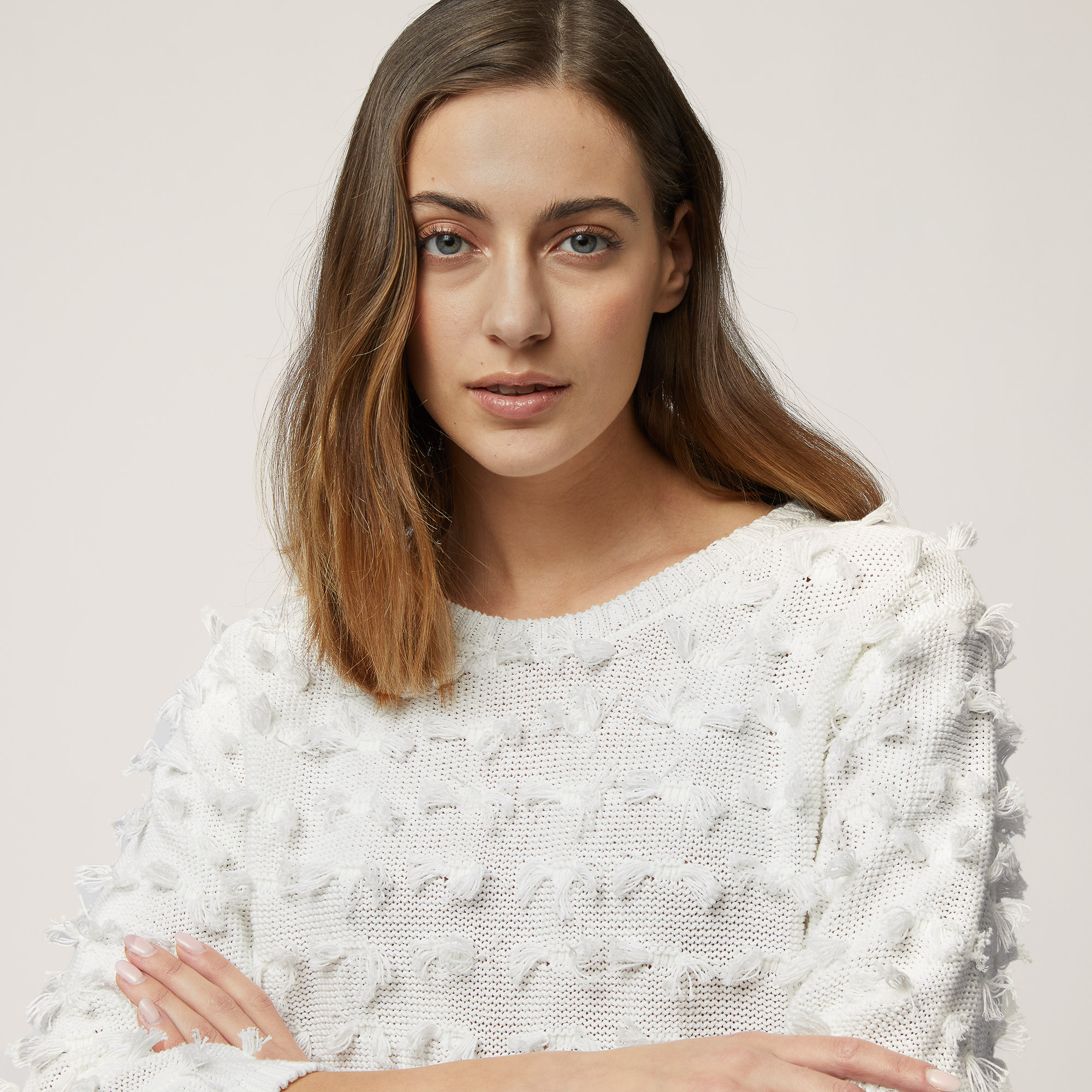 Cotton Sweater with Tufts, Creamy White, large image number 2