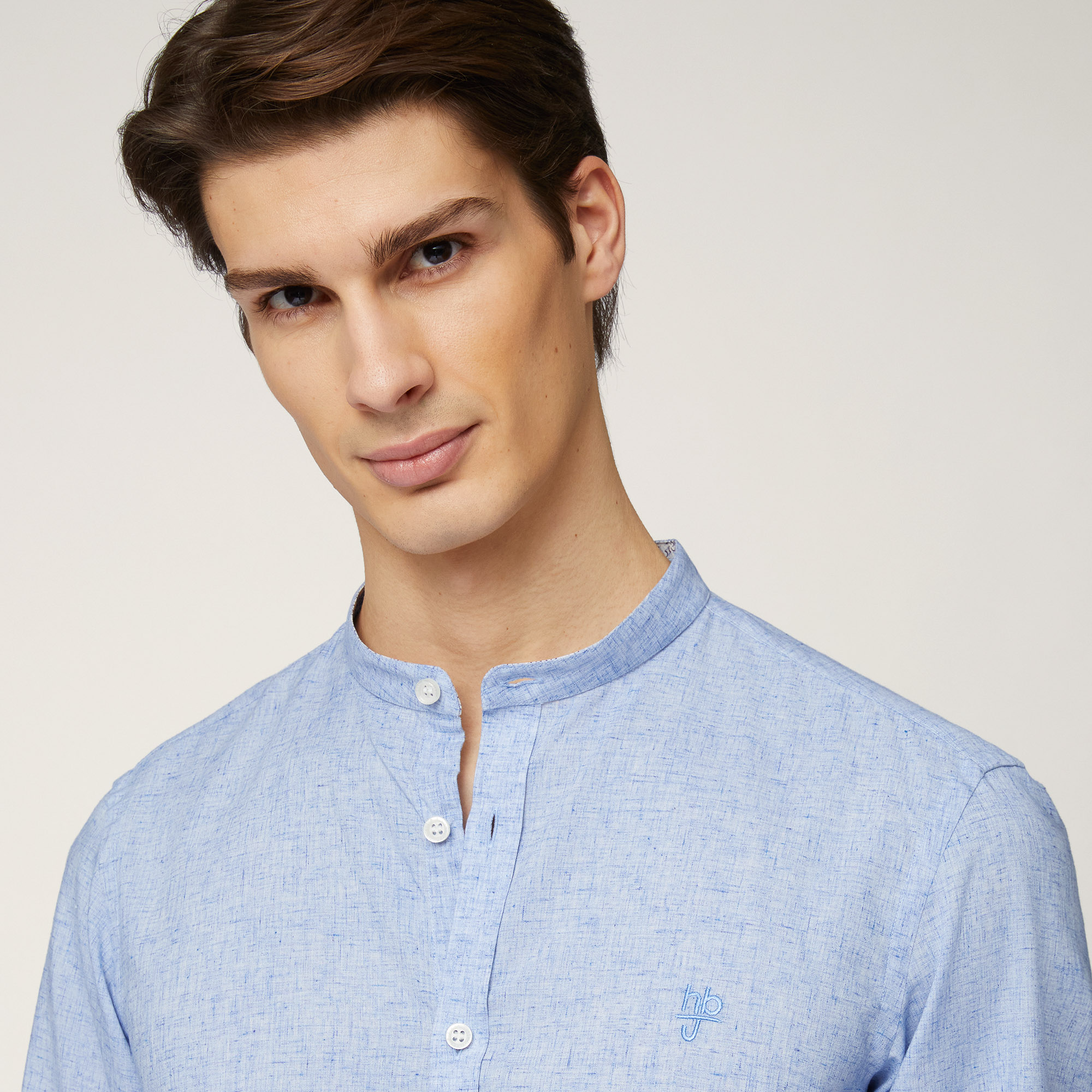 Cotton-Blend Mandarin-Collar Shirt, Sport Blue, large image number 2