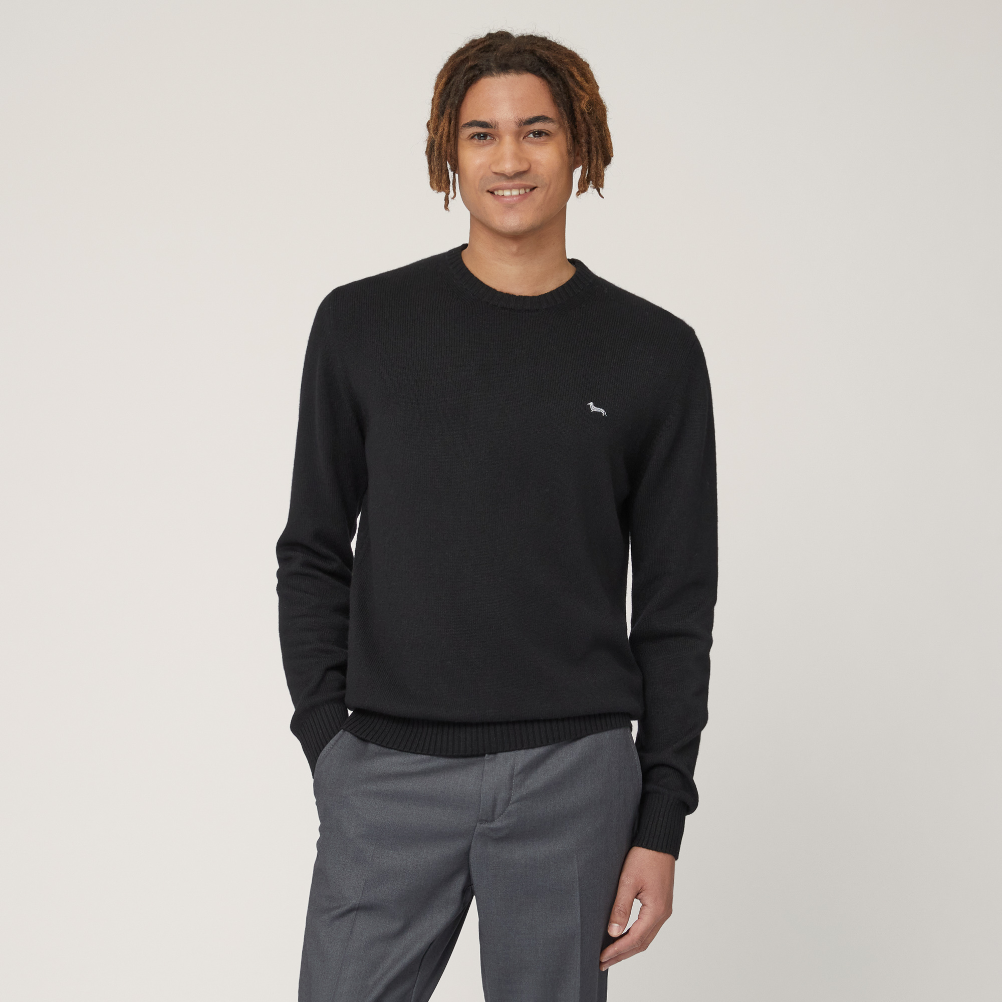 Wool-Blend Crew-Neck Pullover, Black , large