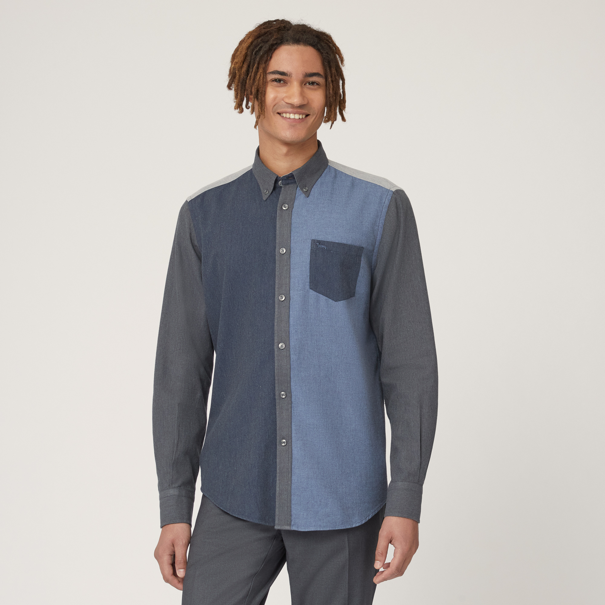 4-Fabric Piazzetta Shirt, Blue Denim, large image number 0