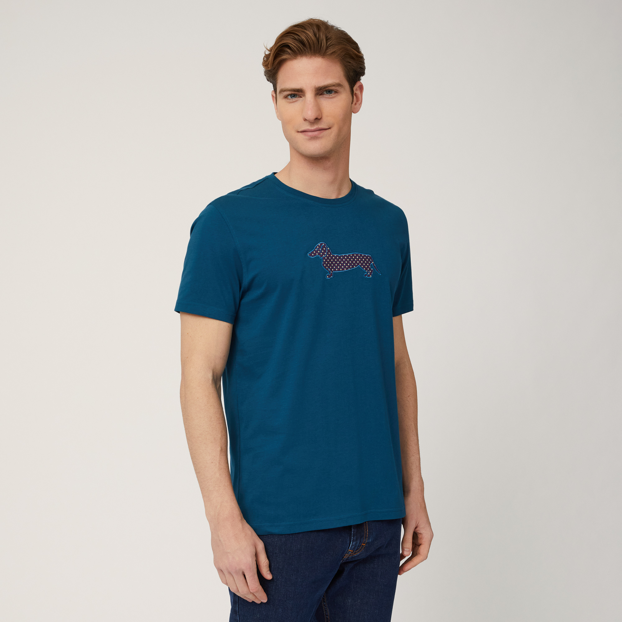 T-Shirt with Laser-Cut Dachshund, Blu, large