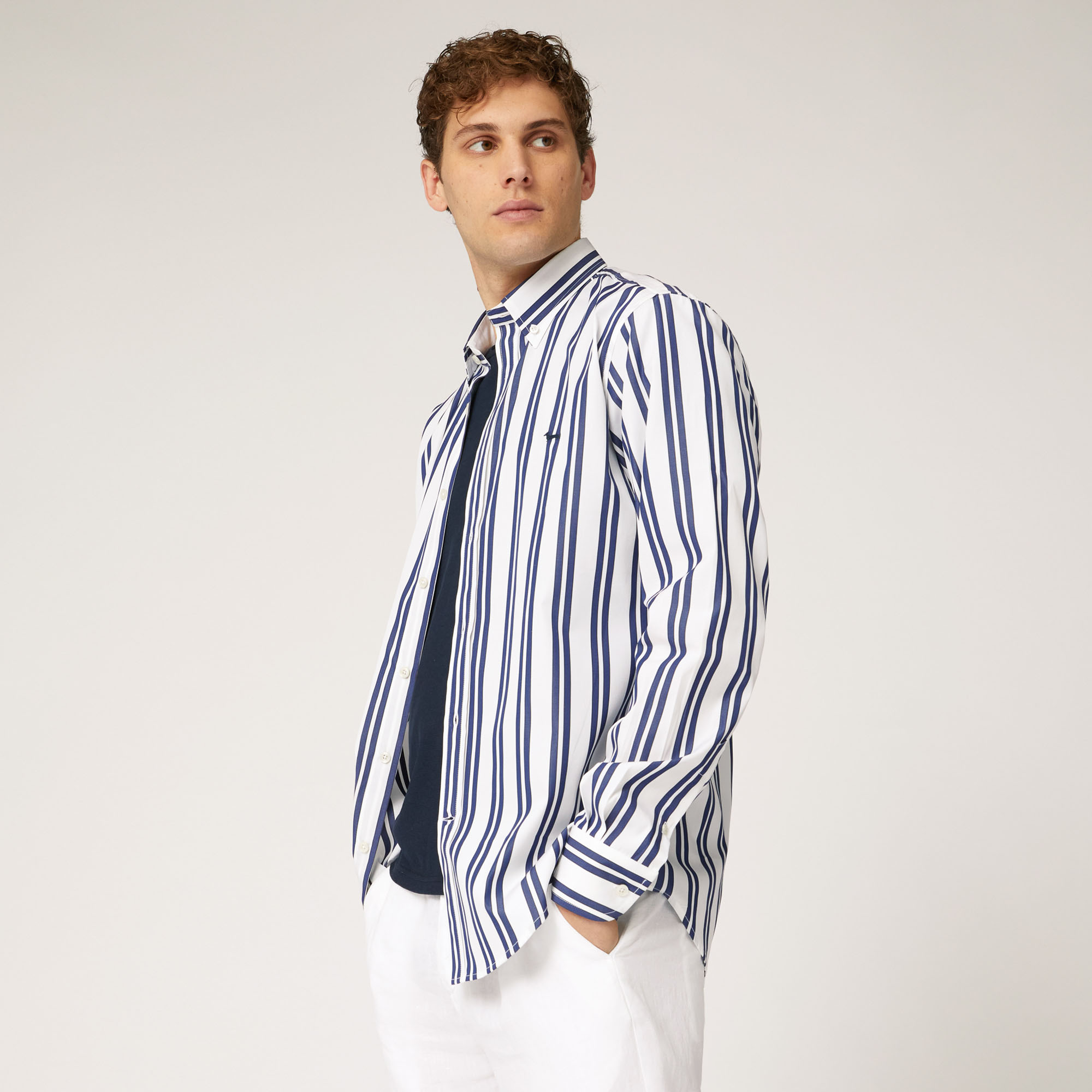 Striped Cotton Shirt, Blue, large image number 0