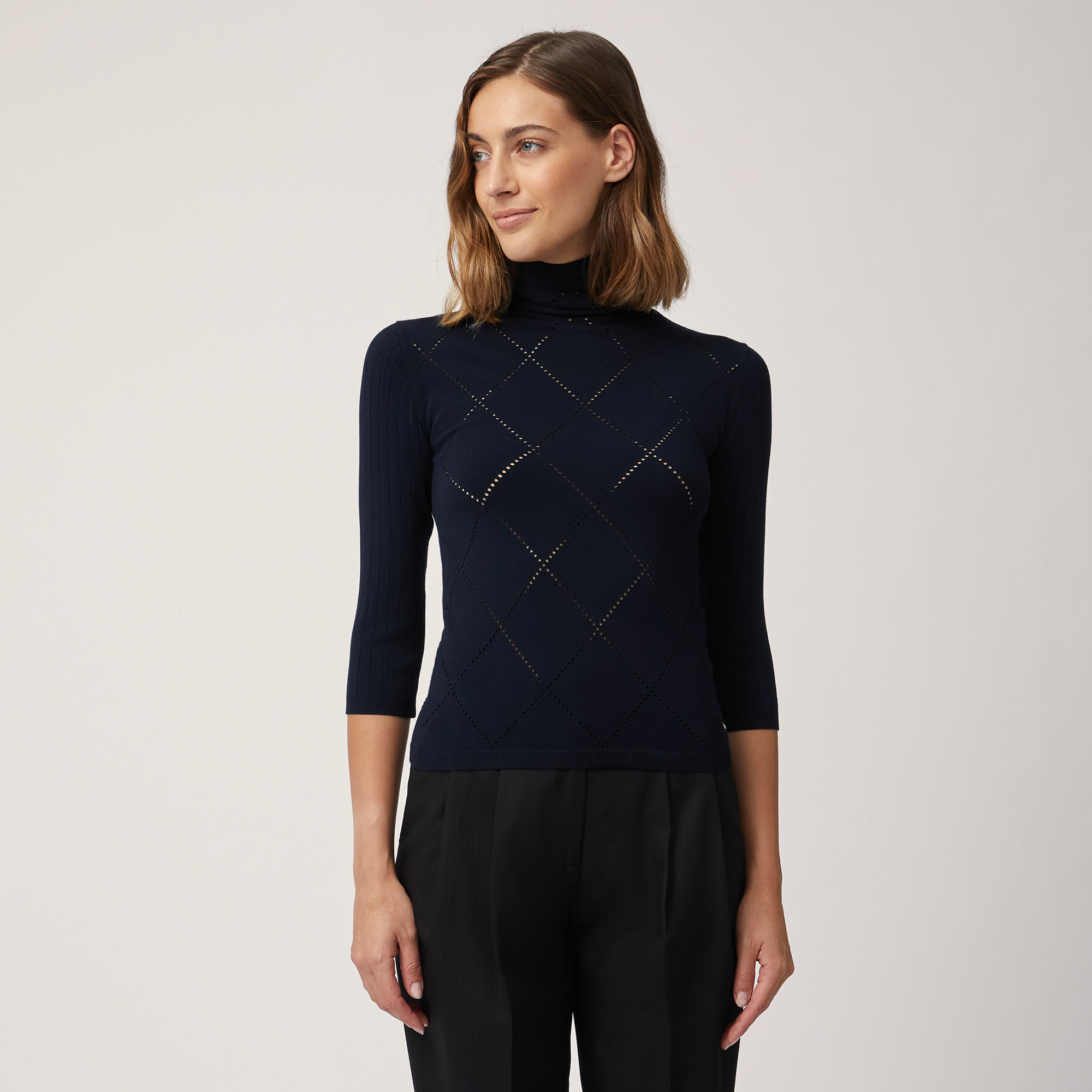 Turtleneck with Openwork Diamonds, Blu, large