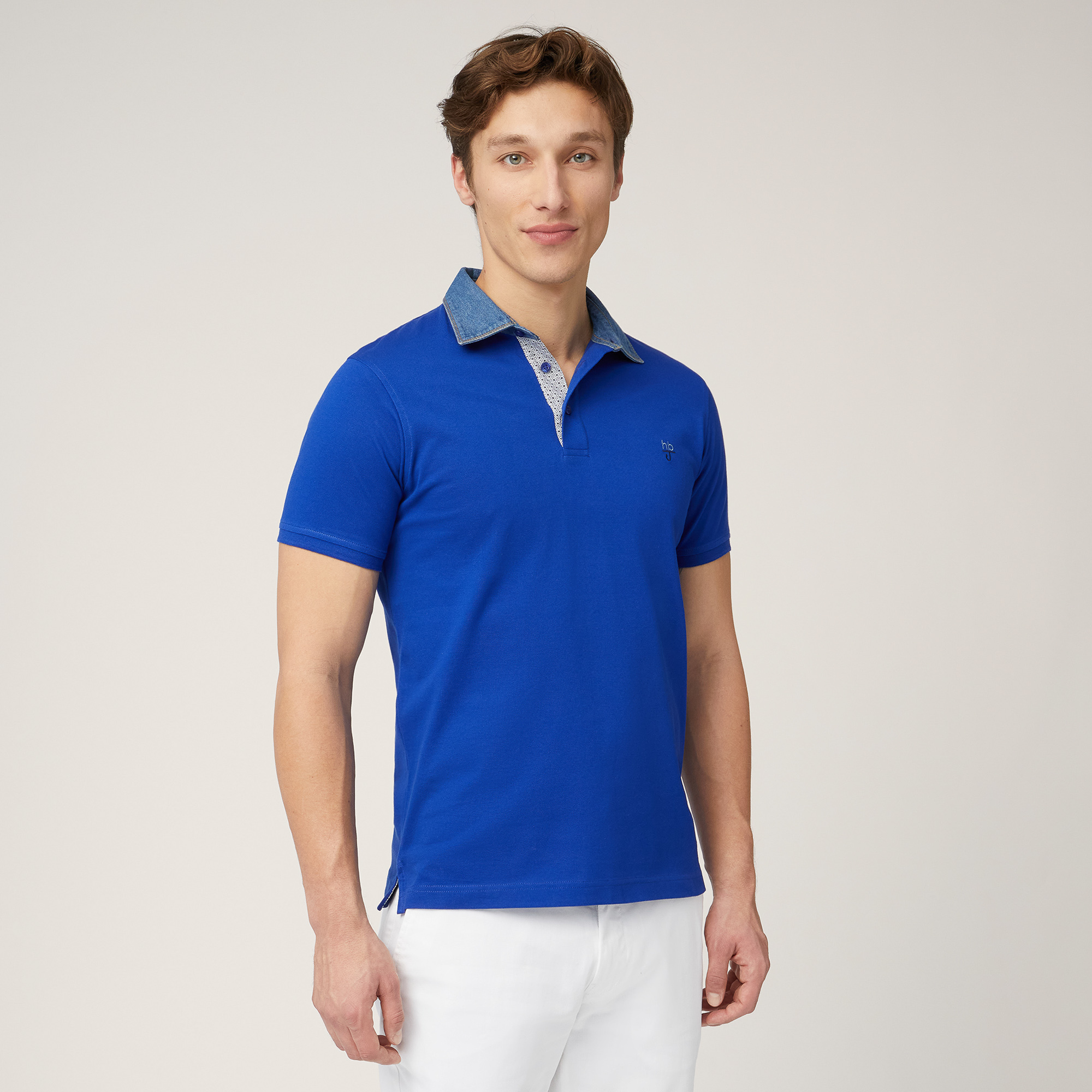 Polo-Shirt with Denim Collar, Electric Blue, large image number 0