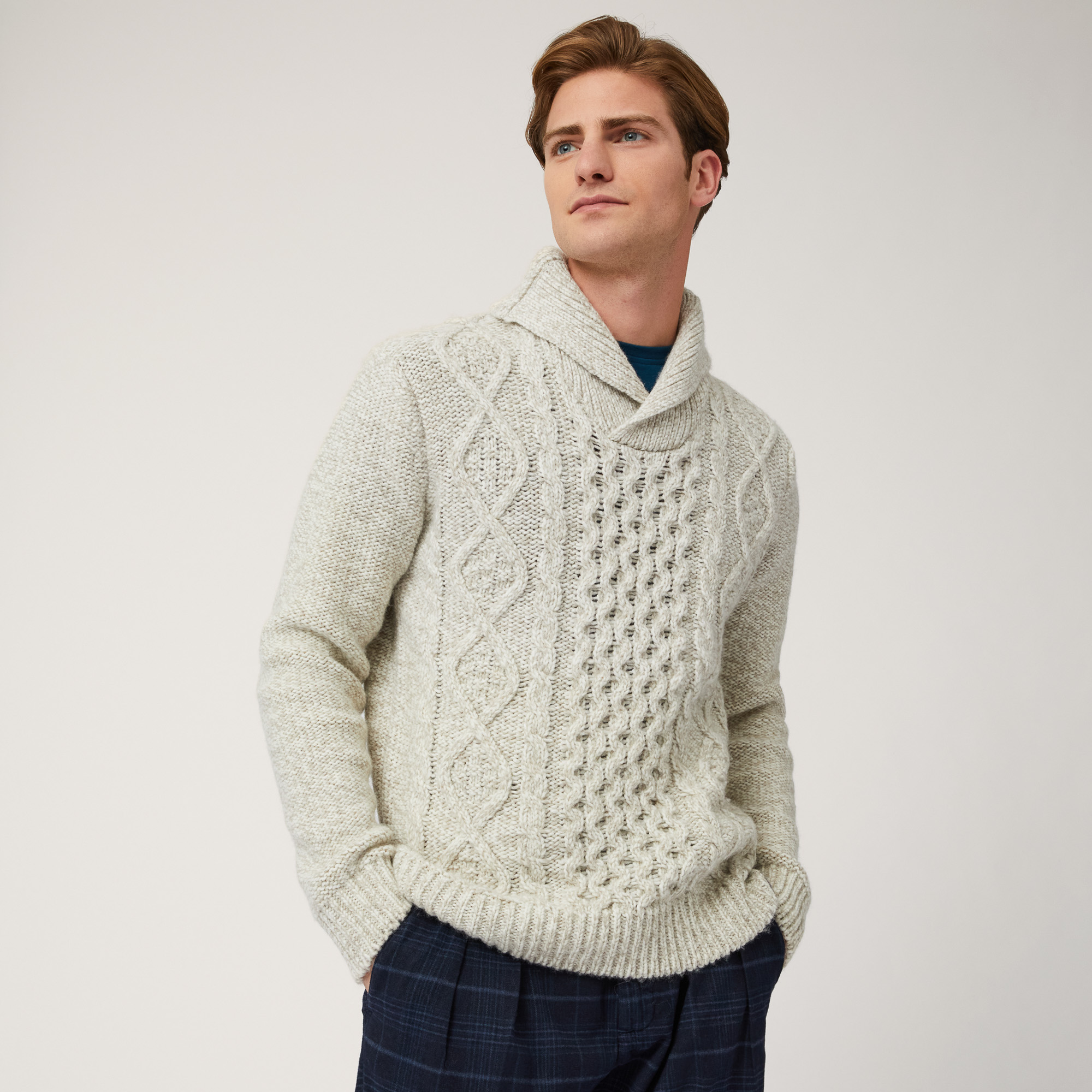 Shawl-Neck Pullover, White, large image number 0