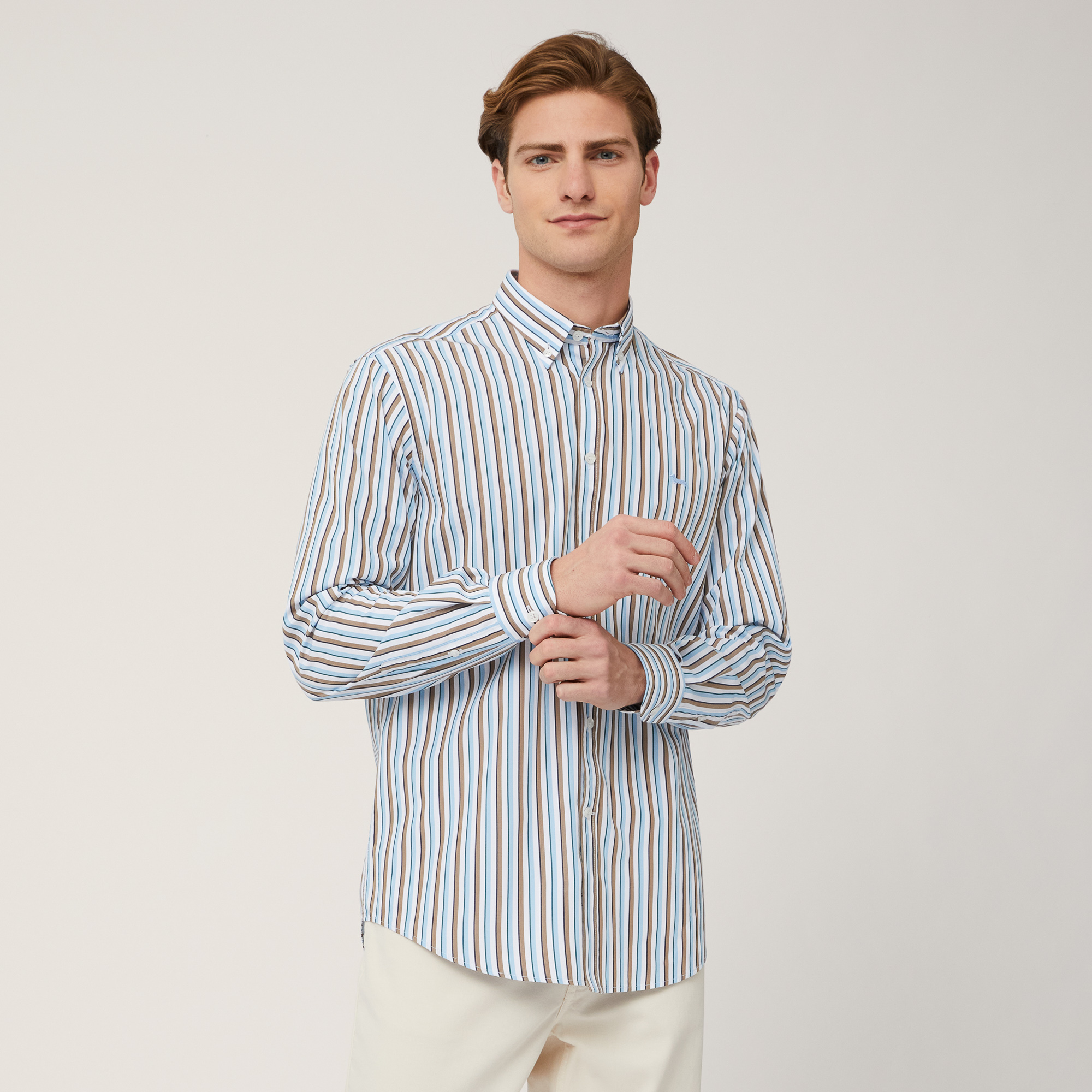 Striped Cotton Shirt, Blu, large image number 0