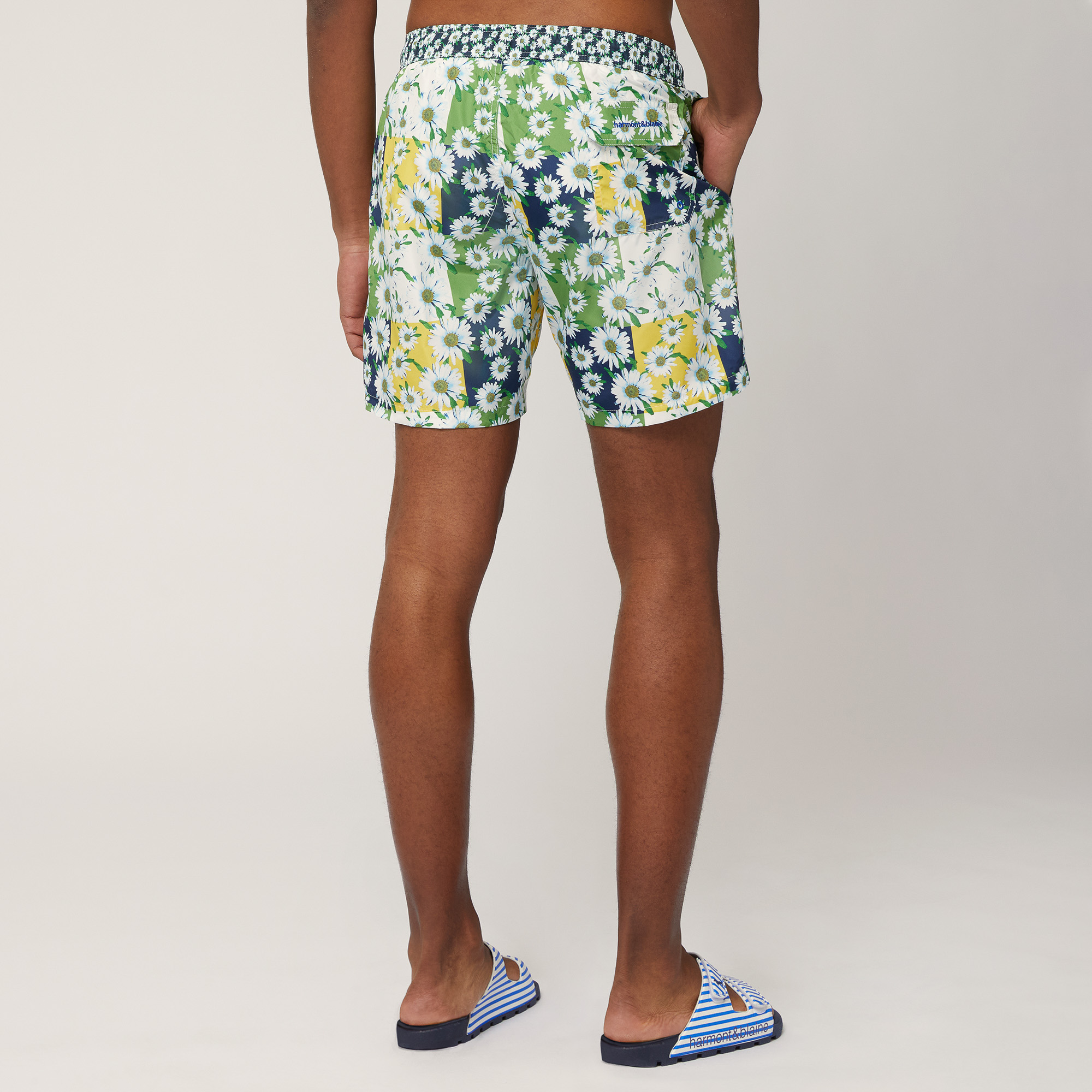 Swim Trunks with Squares and Daisies