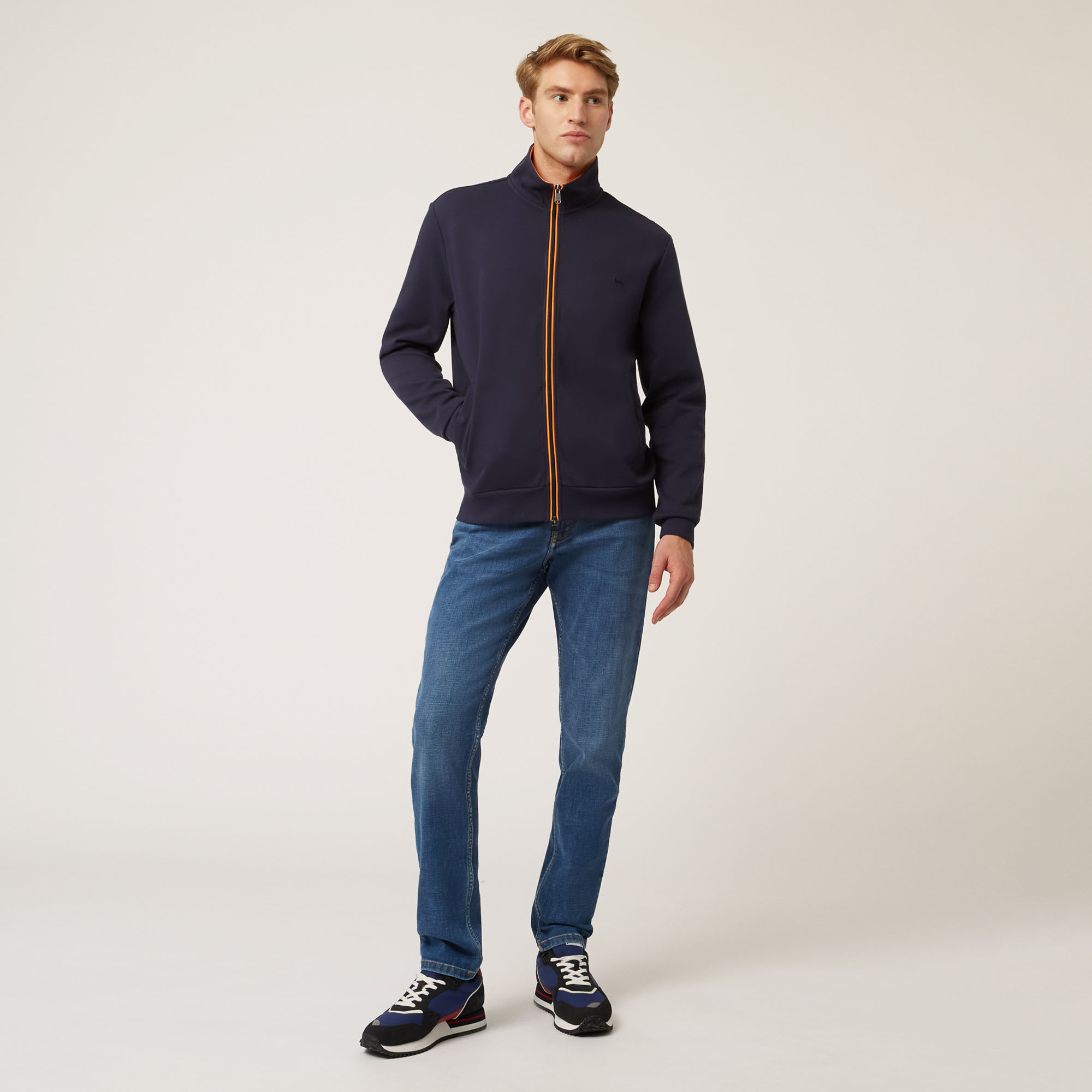 Felpa Full Zip Con Piping A Contrasto, Blu Navy, large image number 3