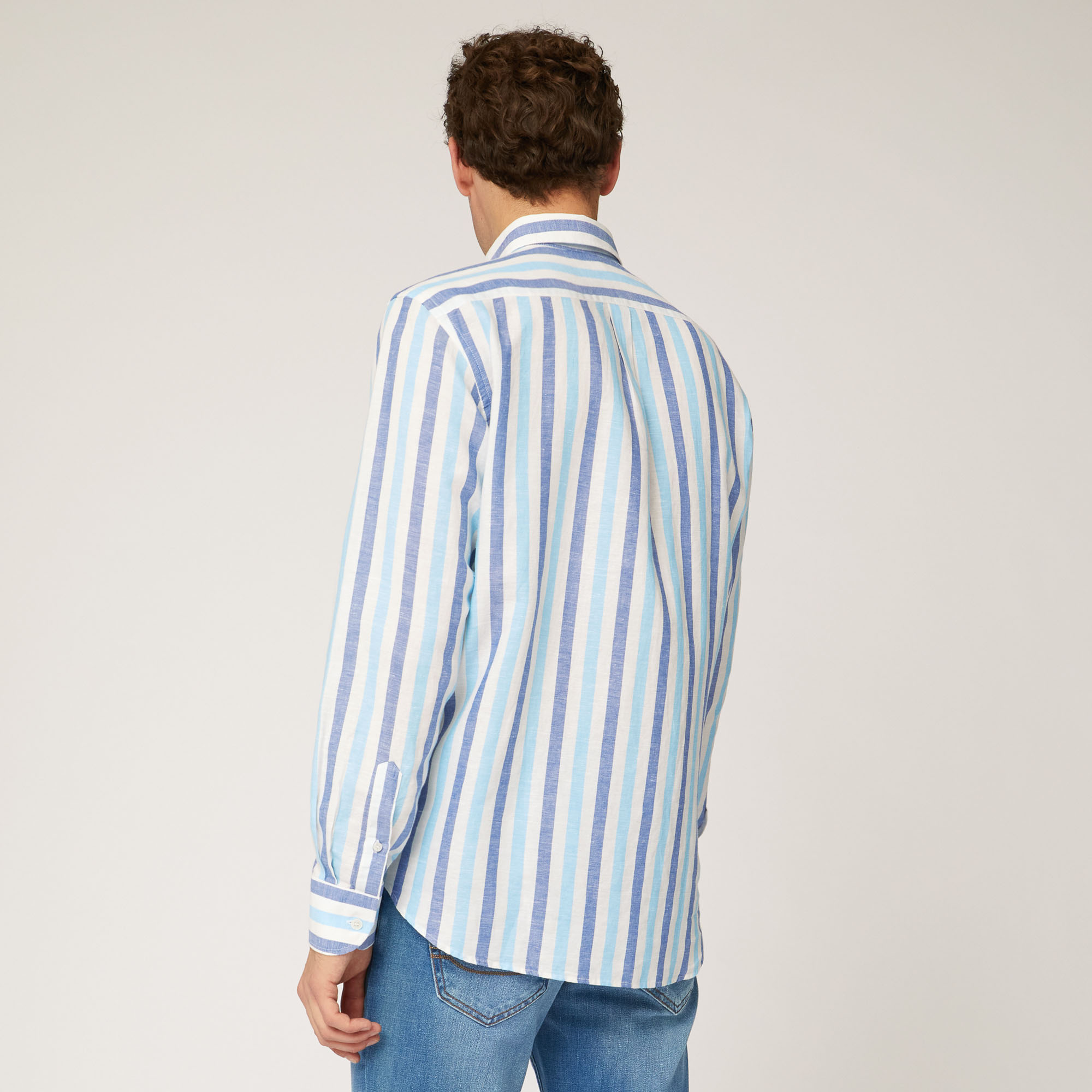 Striped Linen and Cotton Shirt, Light Blue, large image number 1