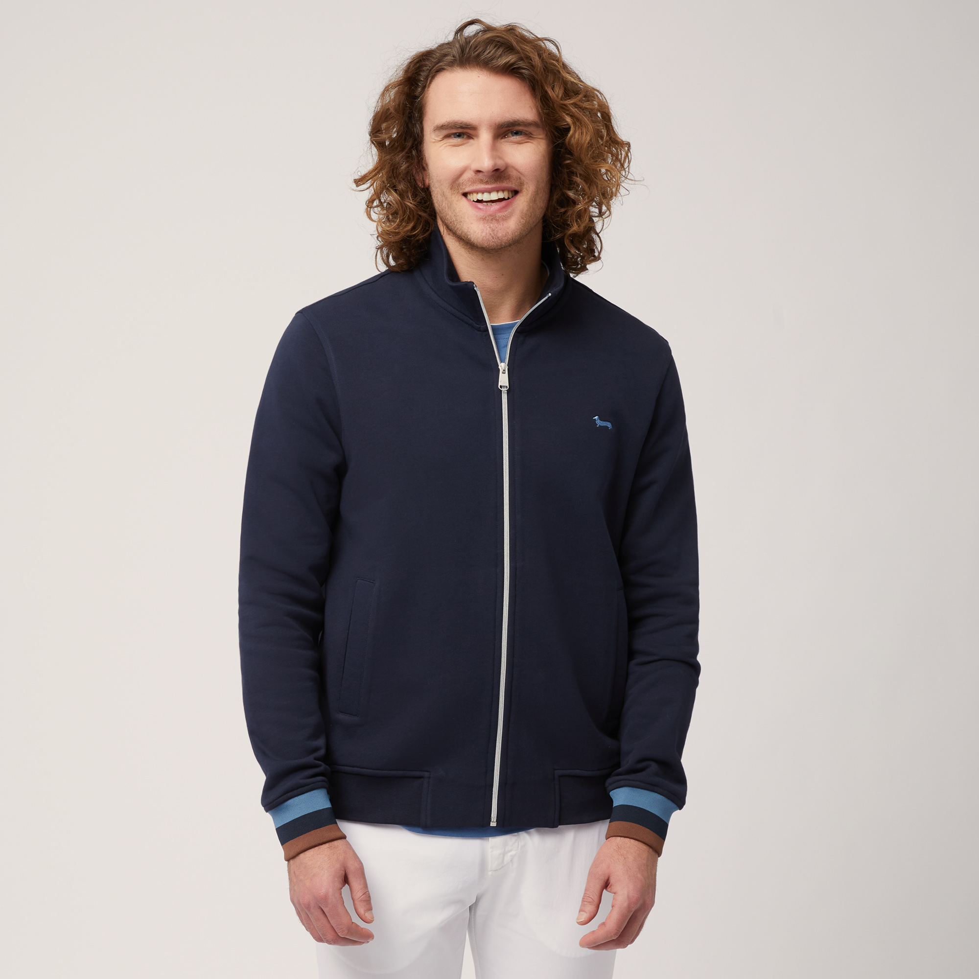 Cotton Full-Zip Sweatshirt with Striped Details, Blue, large