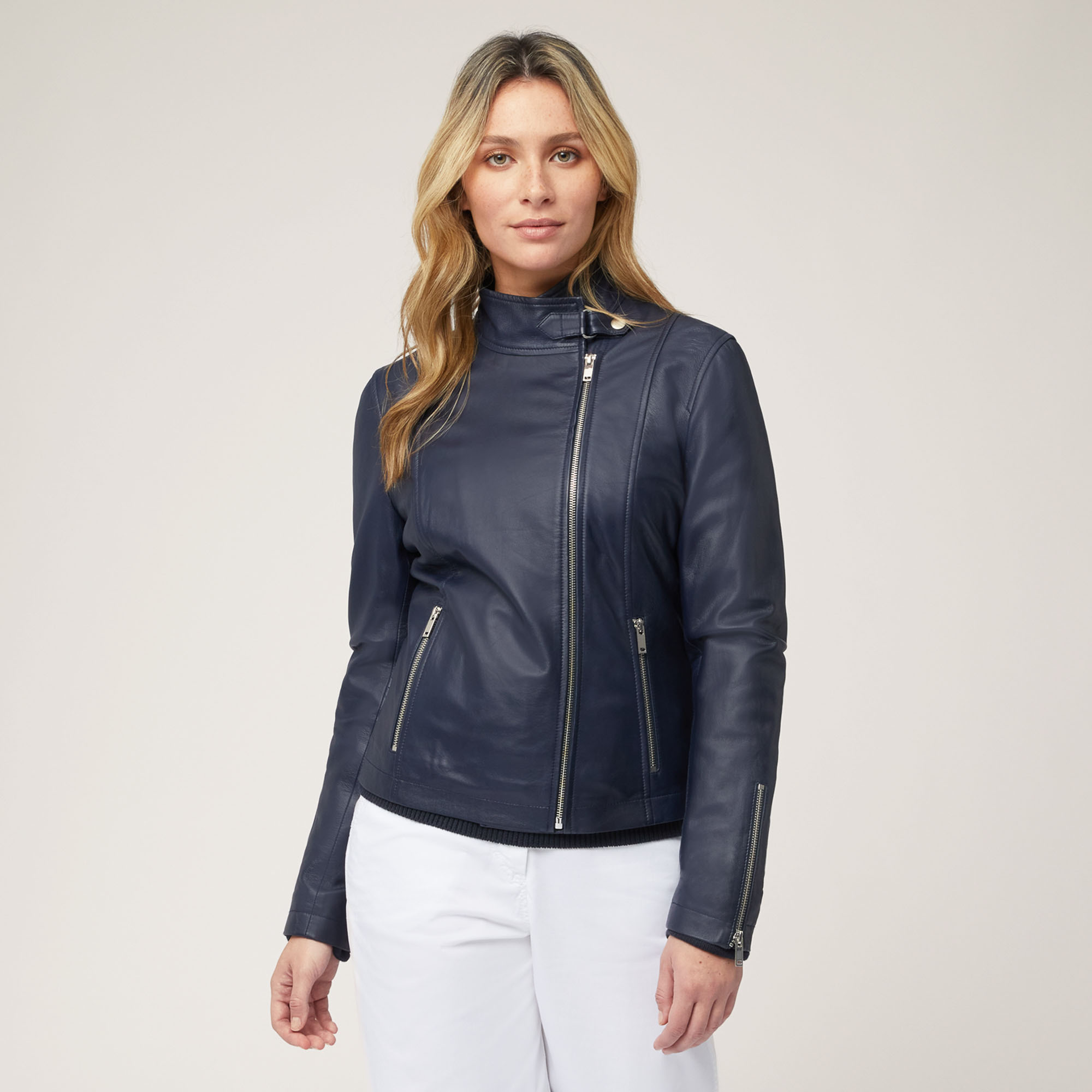 Nappa Leather Slim Jacket, Blue, large image number 0