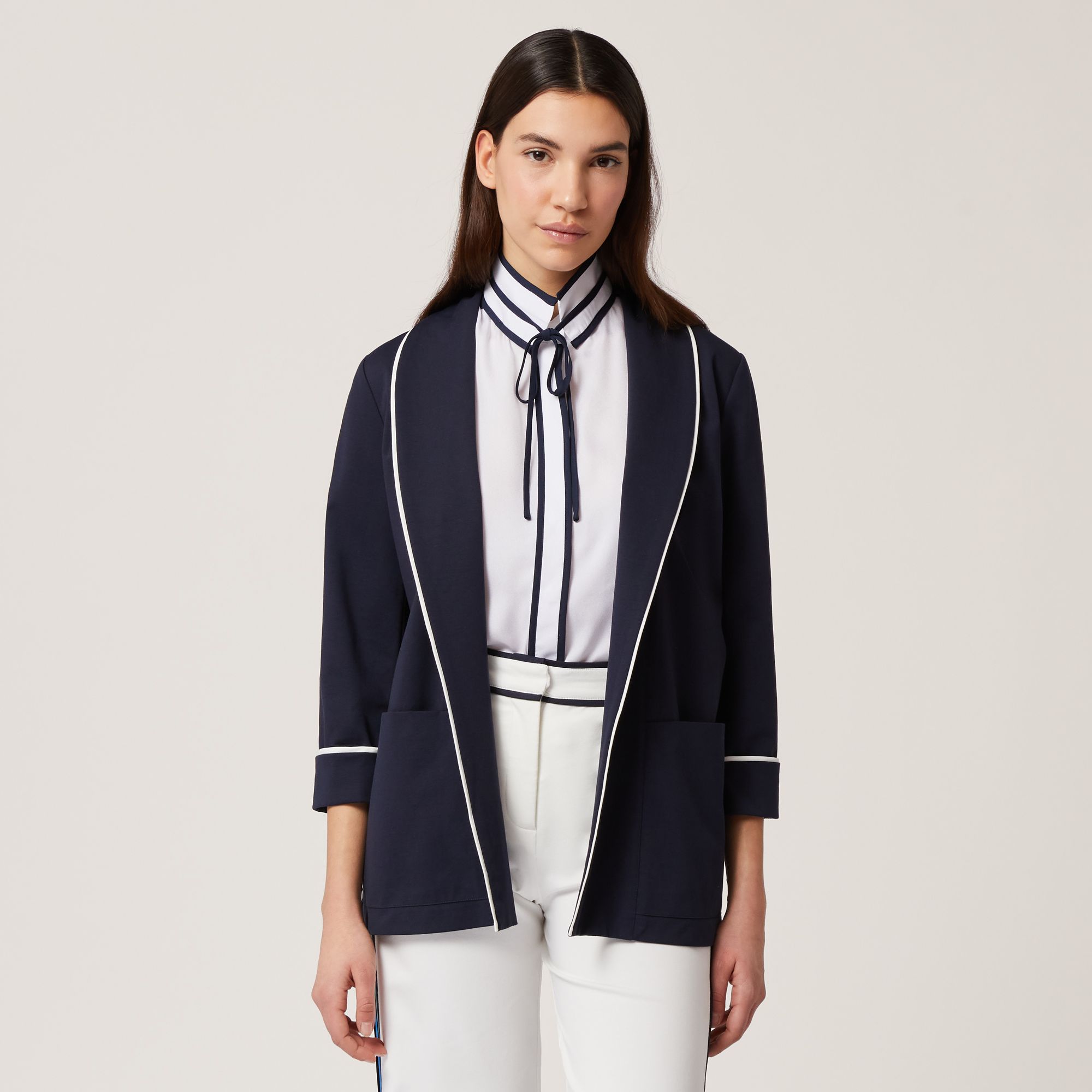 Jacket with Contrasting Trims, Navy Blue, large image number 0