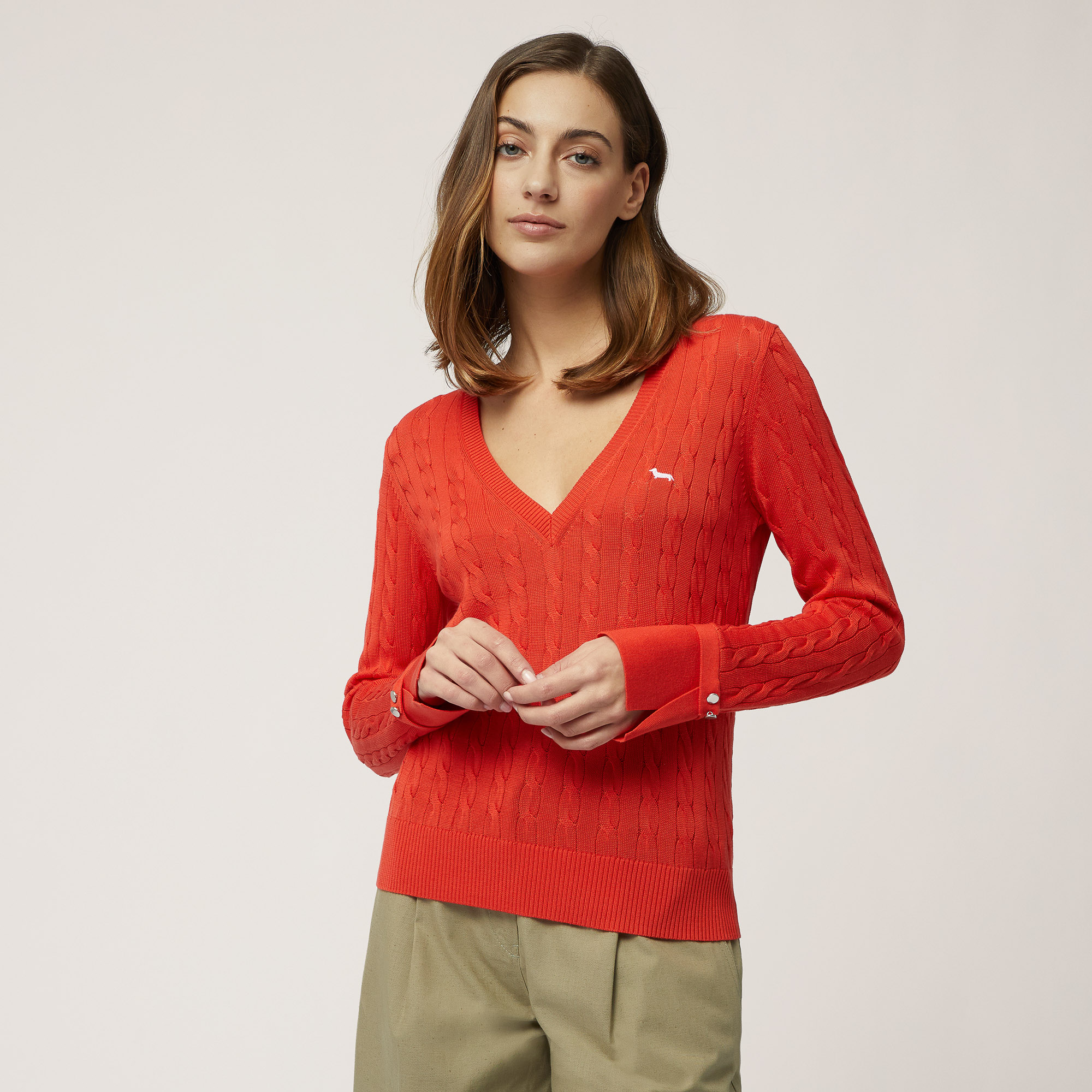 V-Neck Silk-Blend Sweater, Orange, large