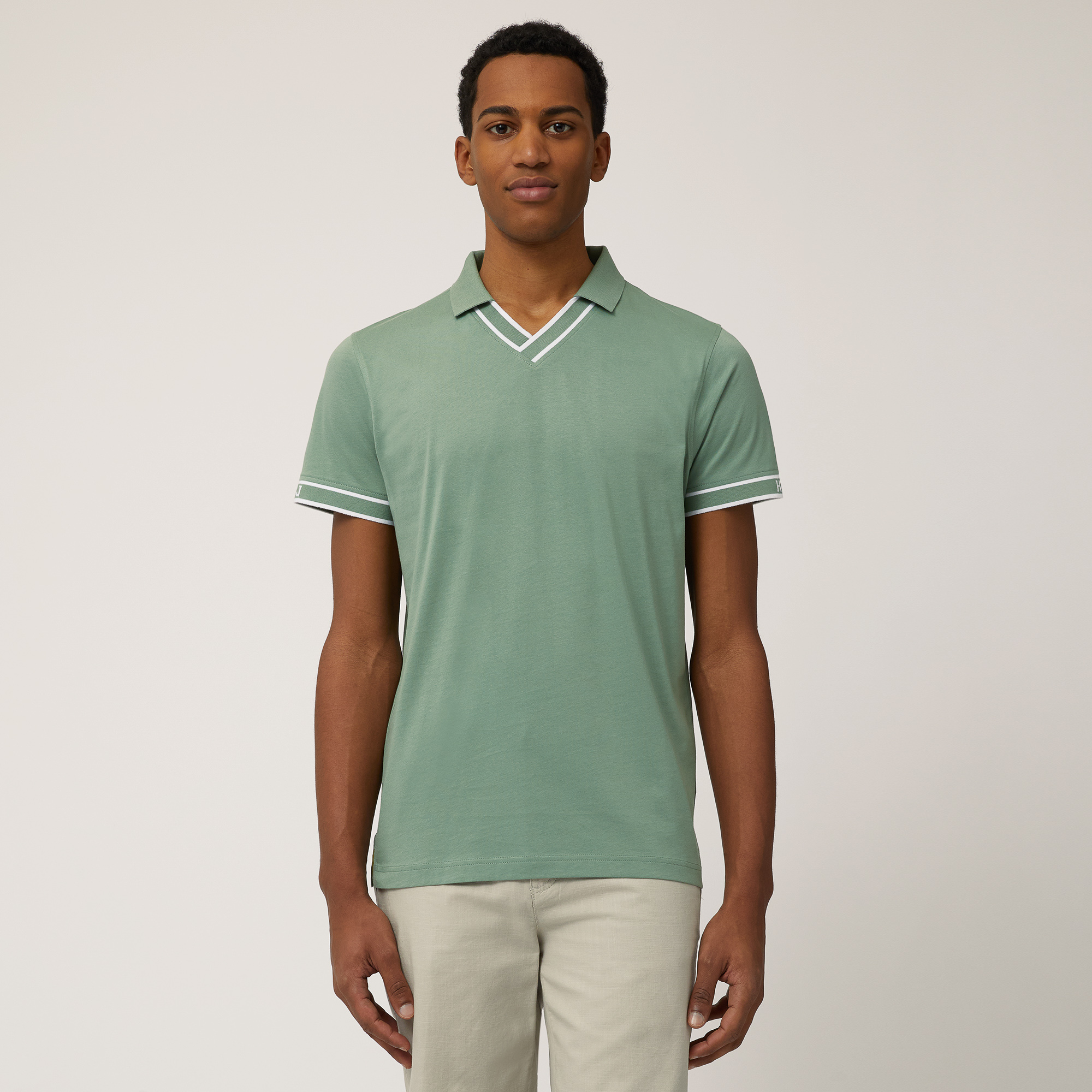 Polo Con Bordi Jacquard, Verde Lichene, large