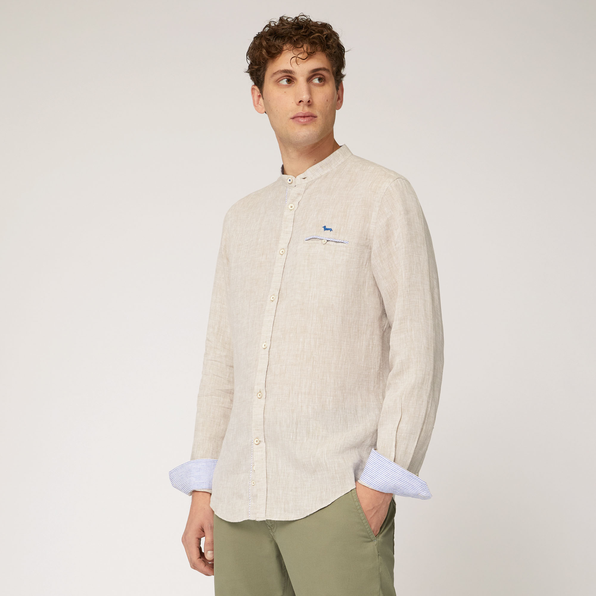Linen Shirt with Mandarin Collar and Breast Pocket, Beige, large image number 0