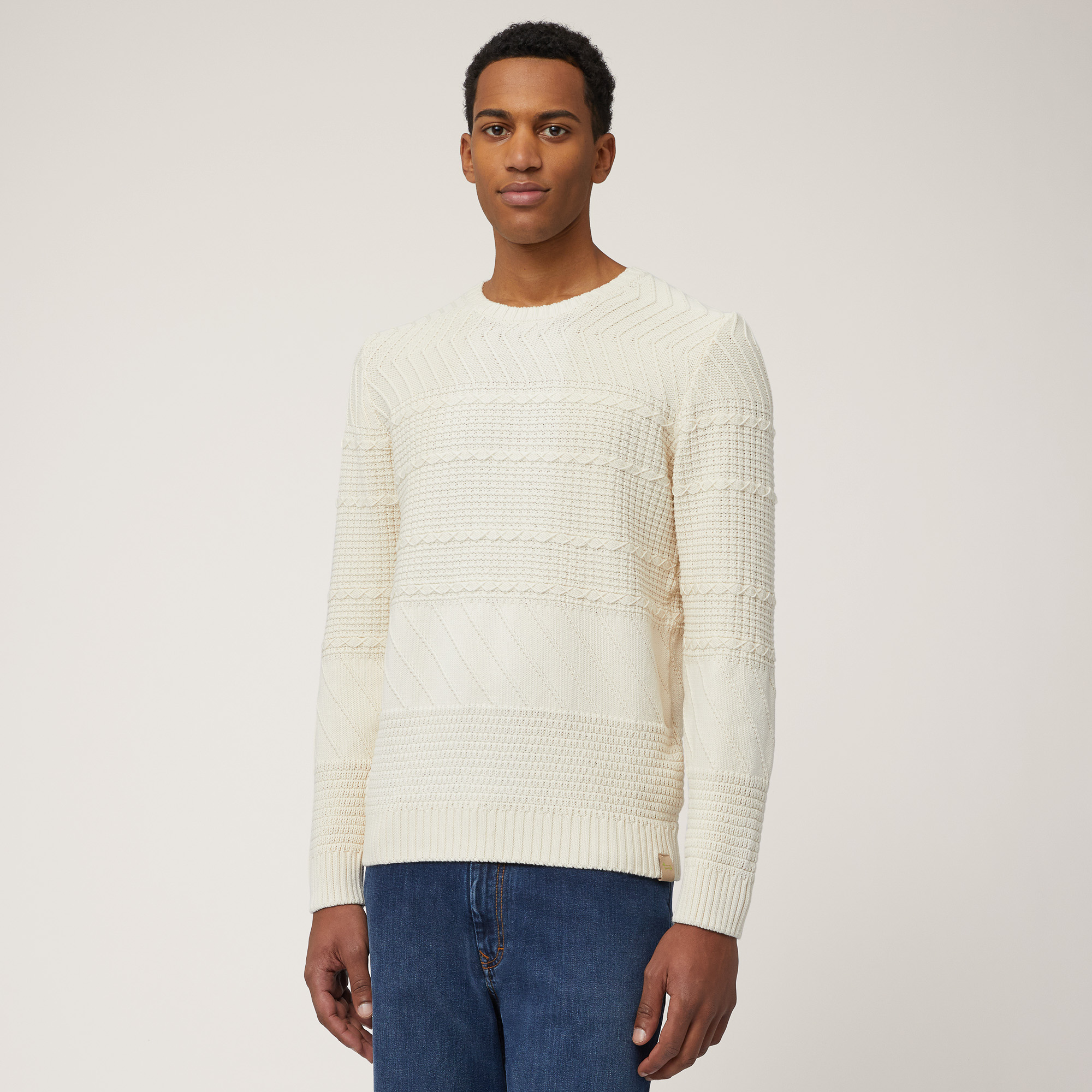 Pullover with Mixed Knit, Creamy White, large image number 0